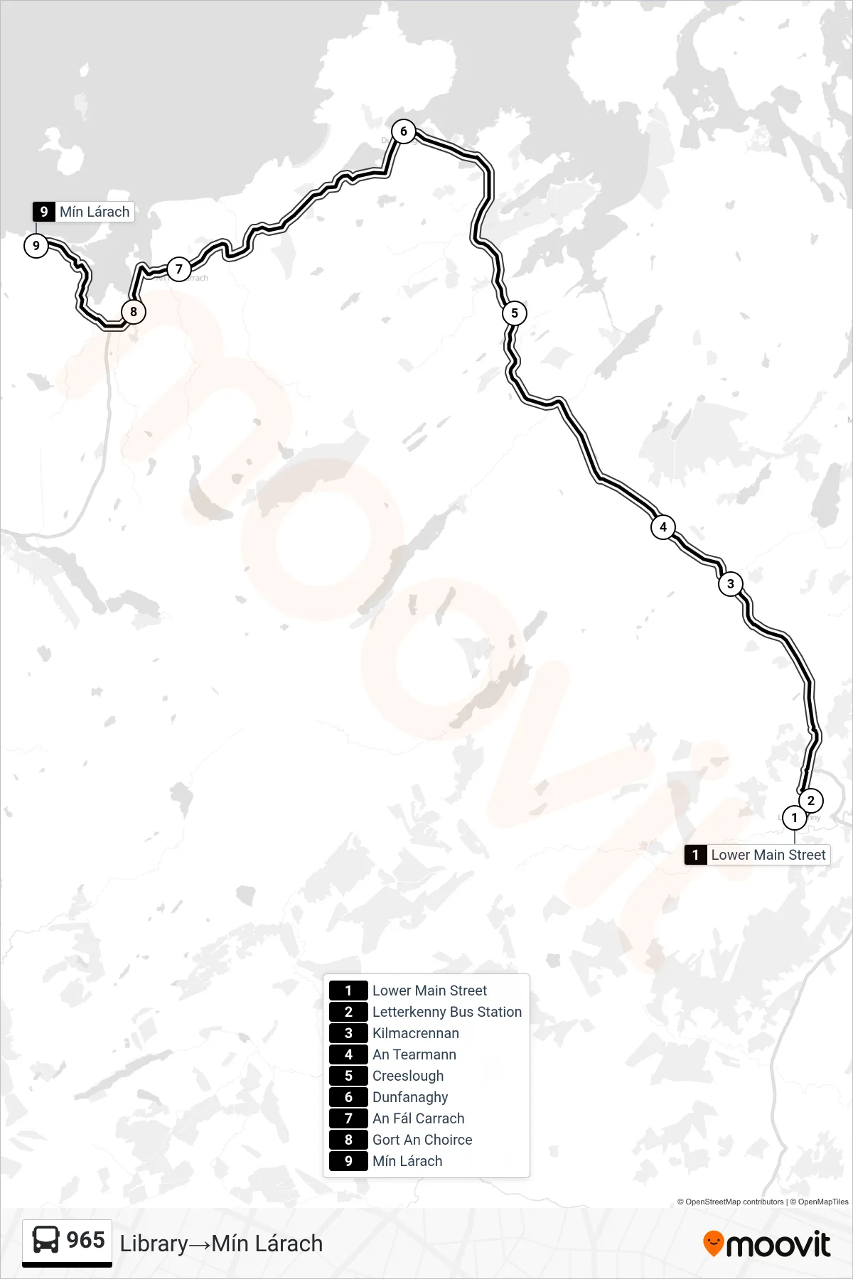 965 bus Line (Library‎→Mín Lárach) route and stops on a map