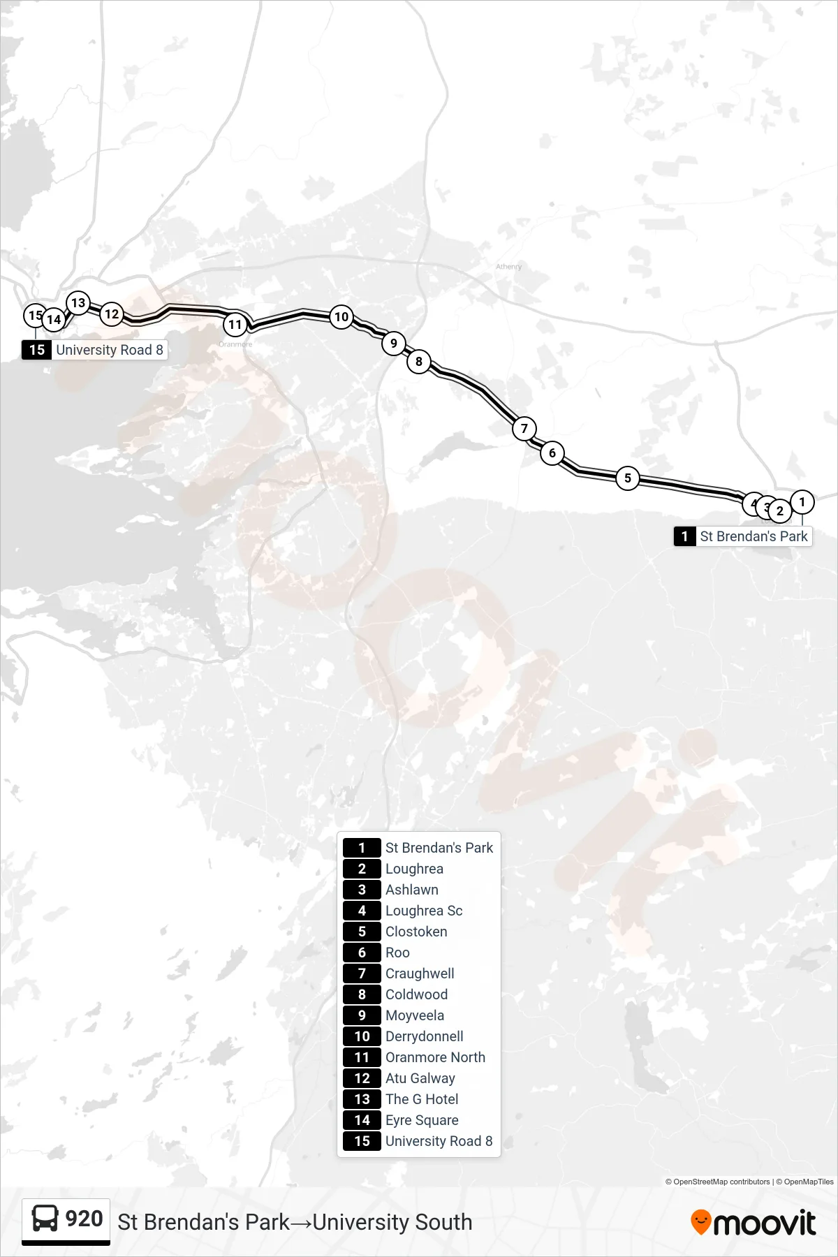 920 bus Line (St Brendan's Park→University South) route and stops on a map
