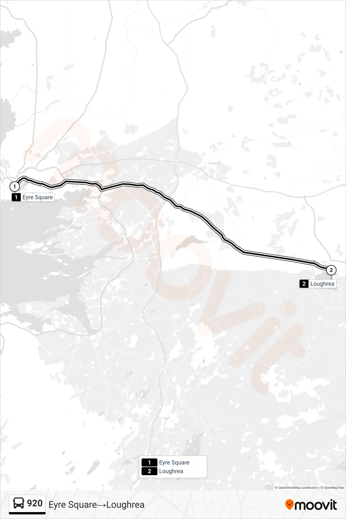920 bus Line (Eyre Square‎→Loughrea) route and stops on a map