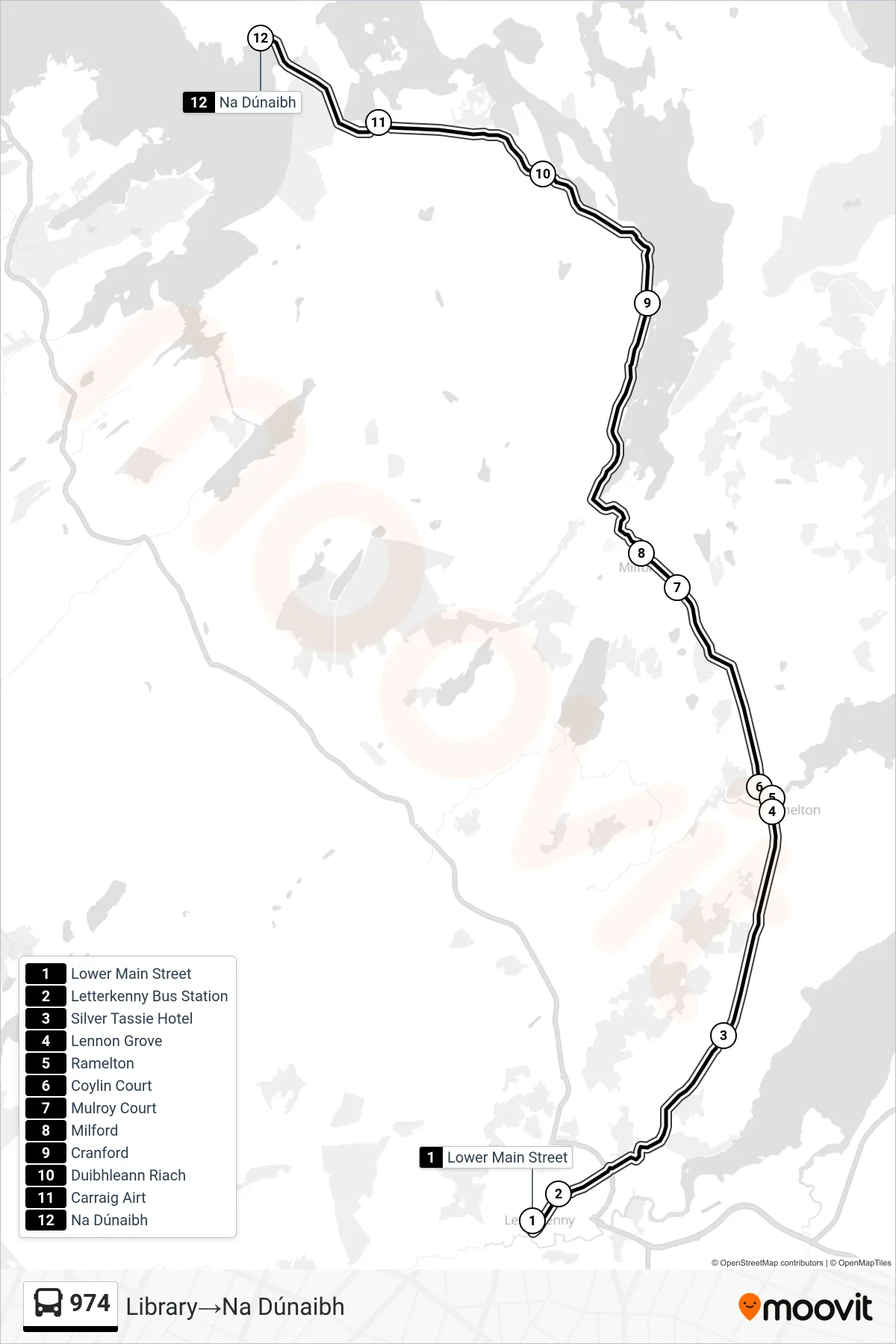 974 bus Line (Library→Na Dúnaibh) route and stops on a map