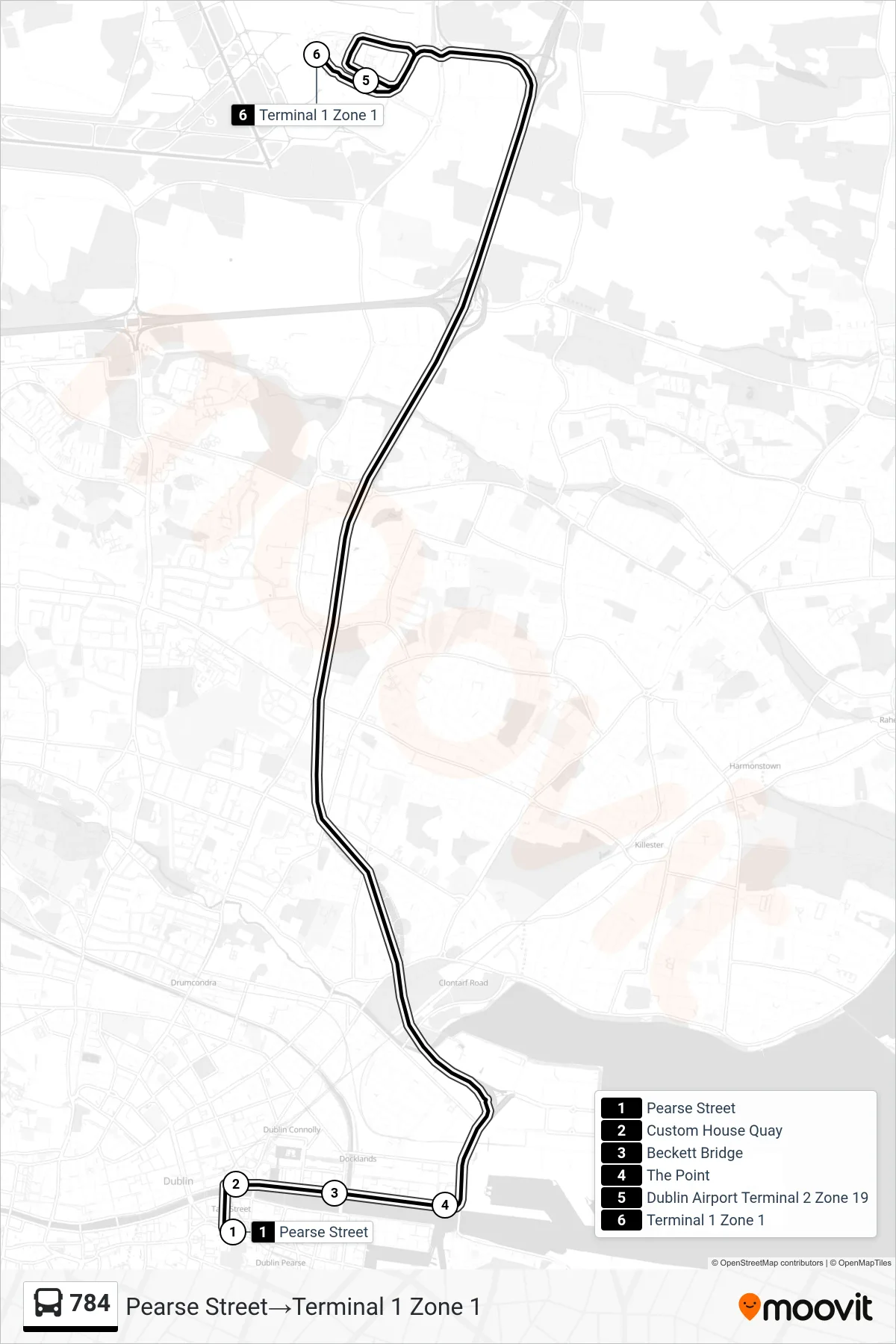784 bus Line (Pearse Street‎→Terminal 1 Zone 1) route and stops on a map