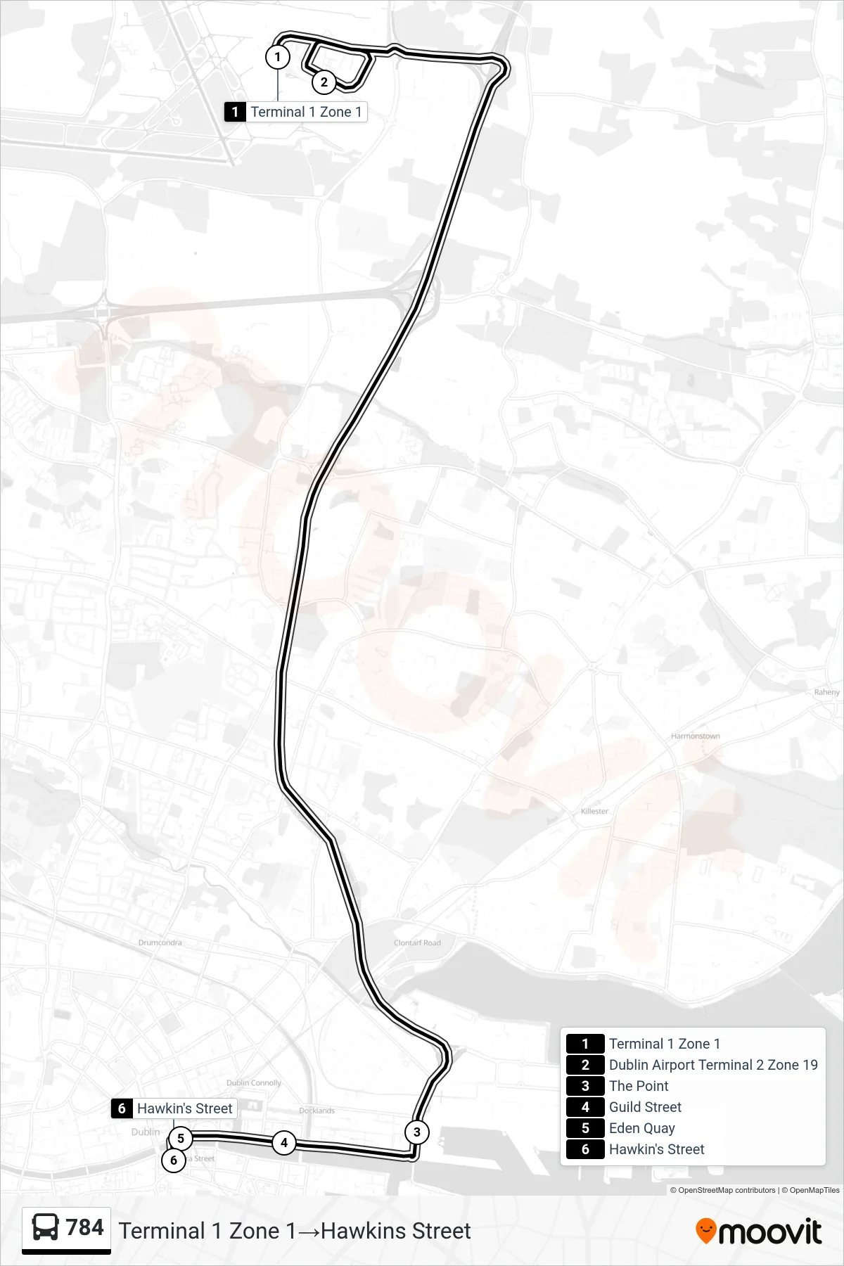 784 bus Line (Terminal 1 Zone 1→Hawkins Street) route and stops on a map