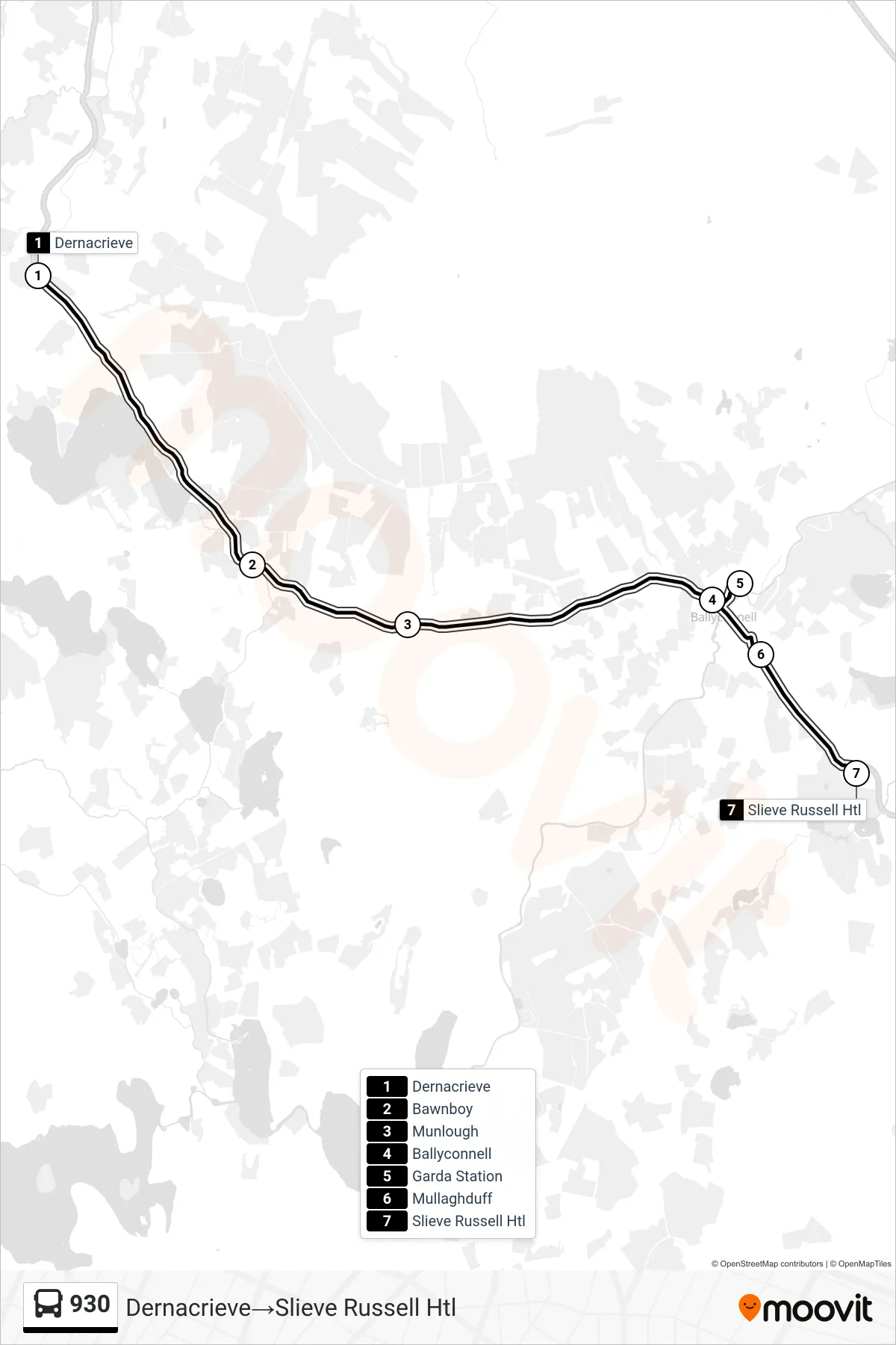 930 bus Line (Dernacrieve‎→Slieve Russell Htl) route and stops on a map