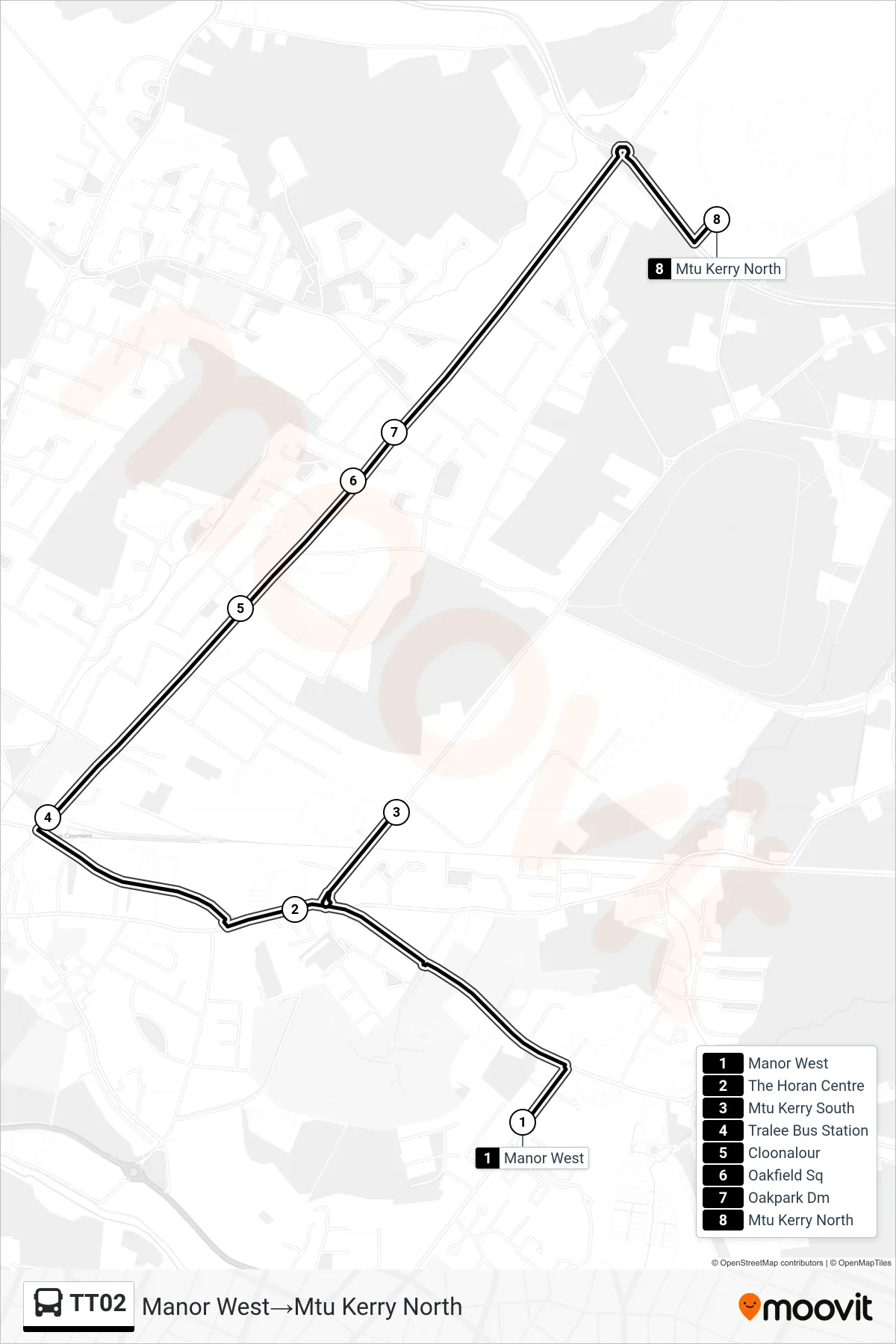 TT02 bus Line (Manor West→Mtu Kerry North) route and stops on a map