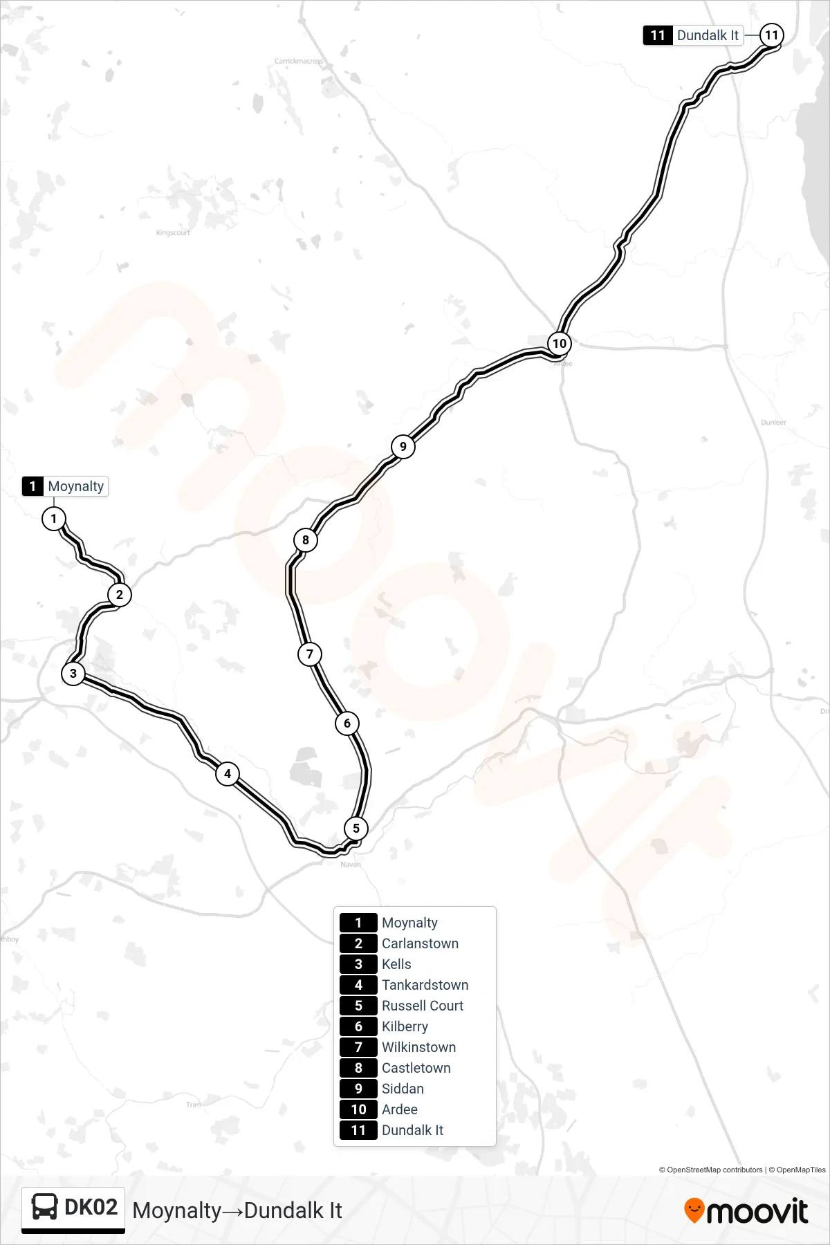 DK02 bus Line (Moynalty→Dundalk It) route and stops on a map