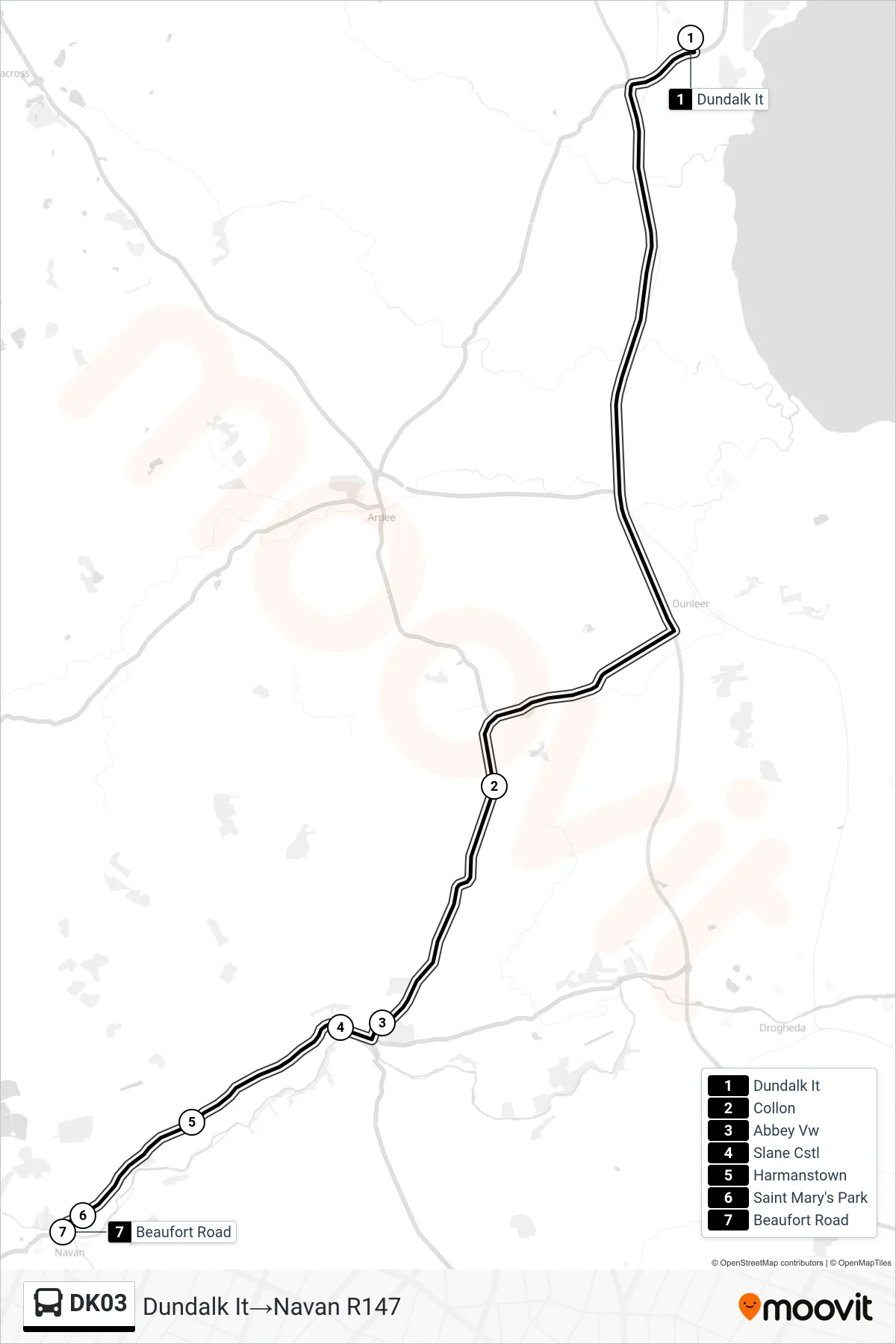 DK03 bus Line (Dundalk It‎→Navan R147) route and stops on a map