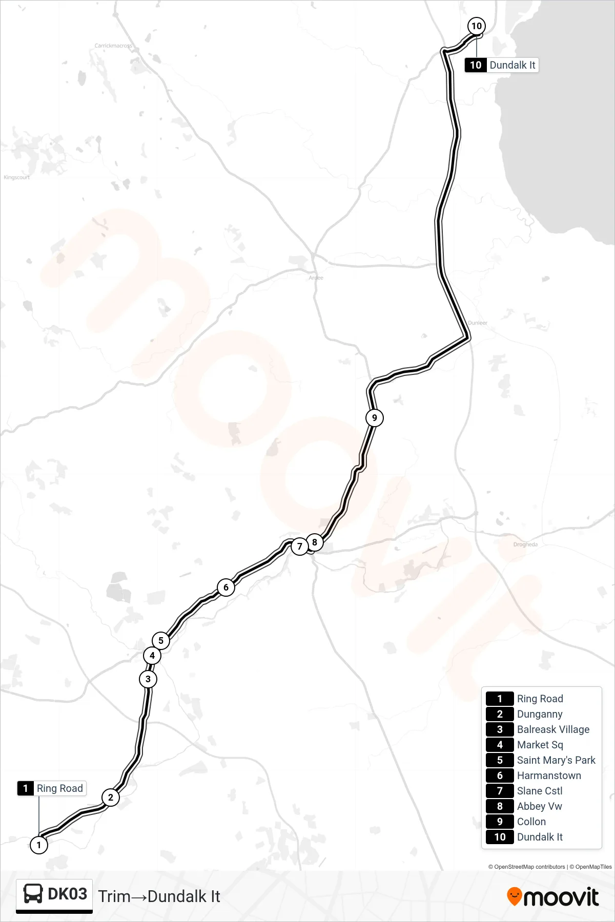 DK03 bus Line (Trim‎→Dundalk It) route and stops on a map