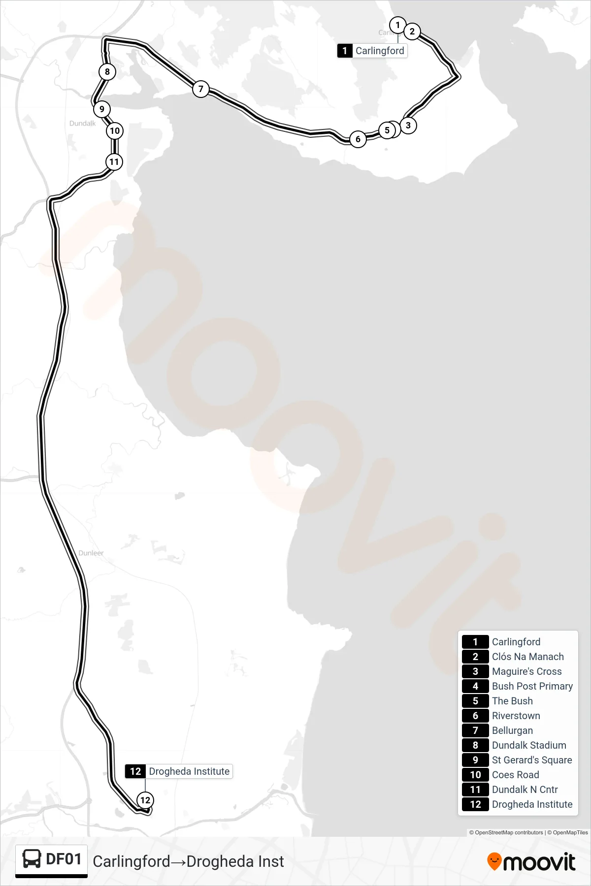 DF01 bus Line (Carlingford→Drogheda Inst) route and stops on a map