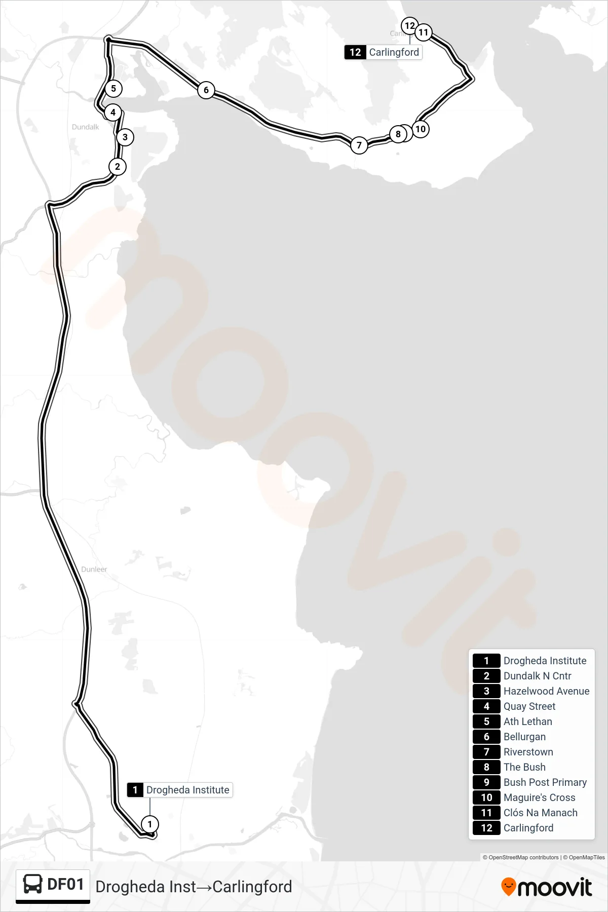 DF01 bus Line (Drogheda Inst→Carlingford) route and stops on a map