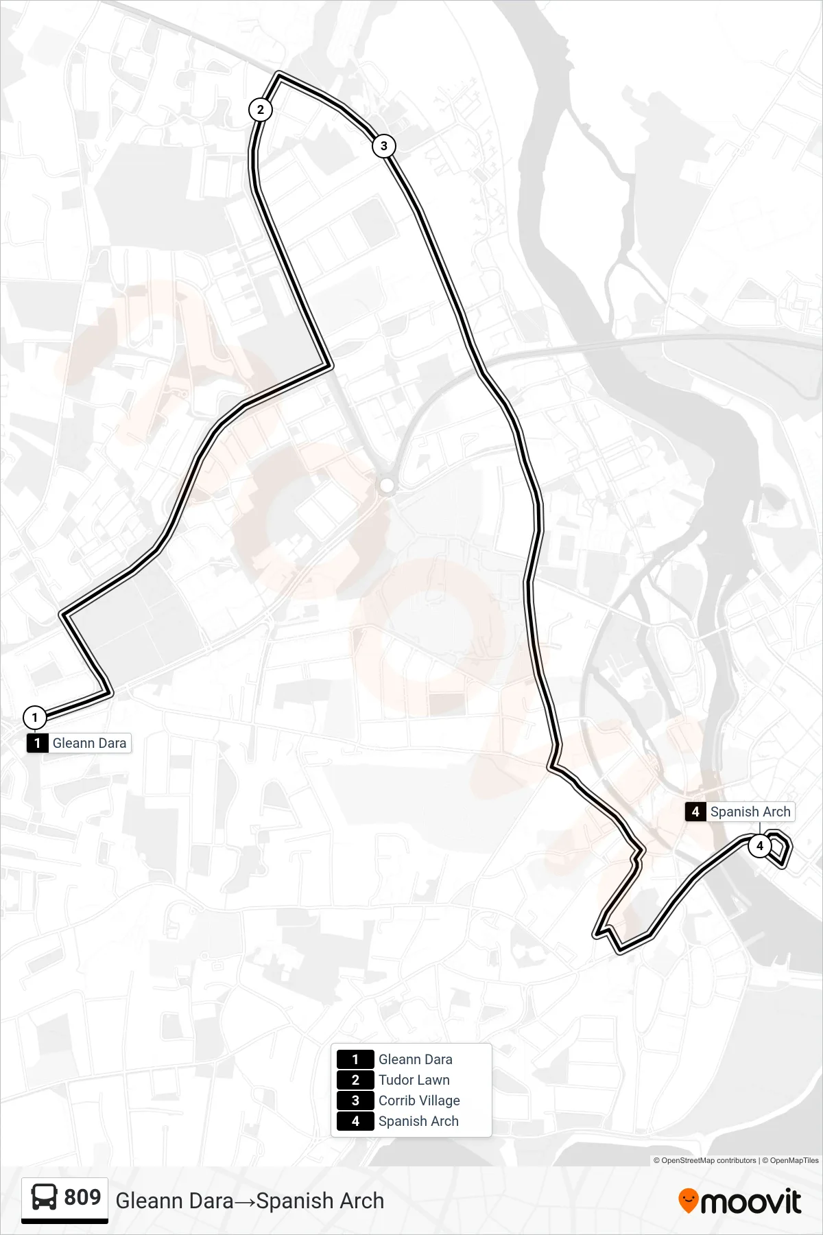 809 bus Line (Gleann Dara‎→Spanish Arch) route and stops on a map