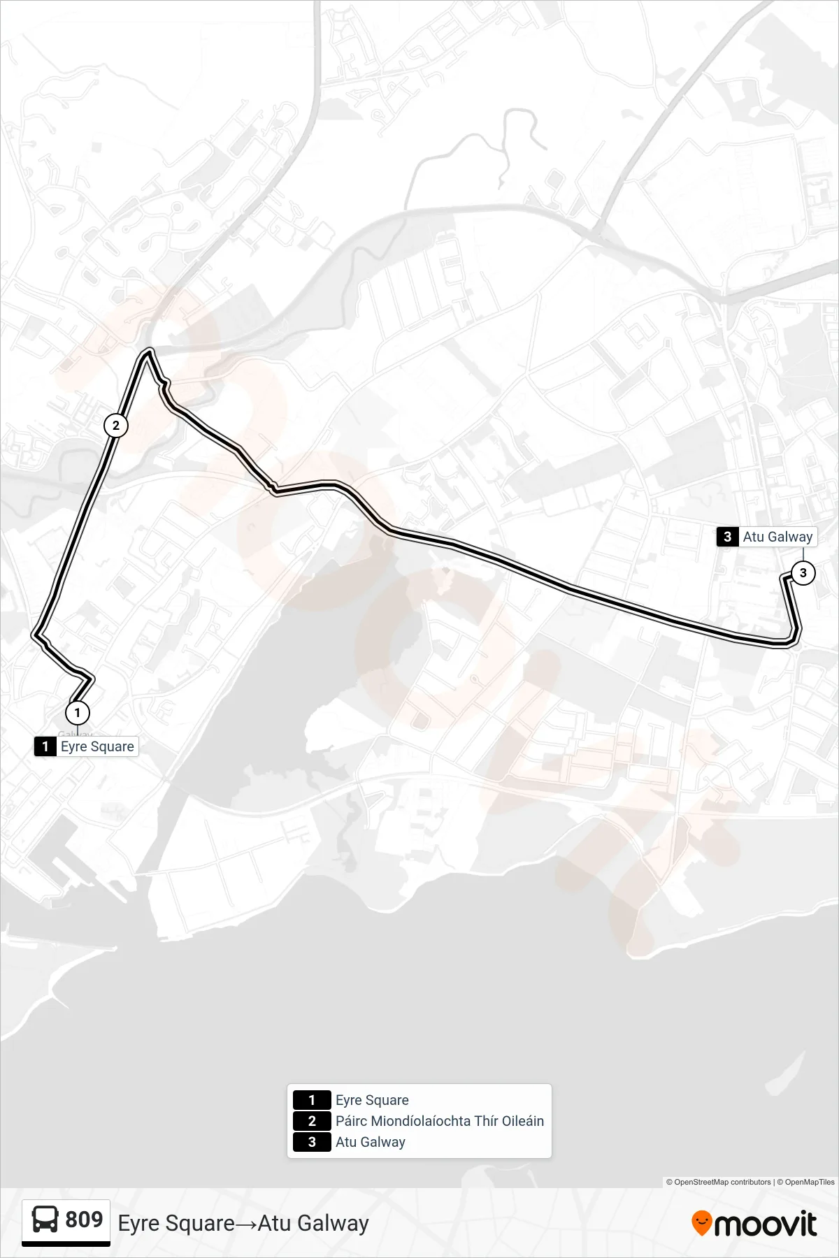 809 bus Line (Eyre Square→Atu Galway) route and stops on a map
