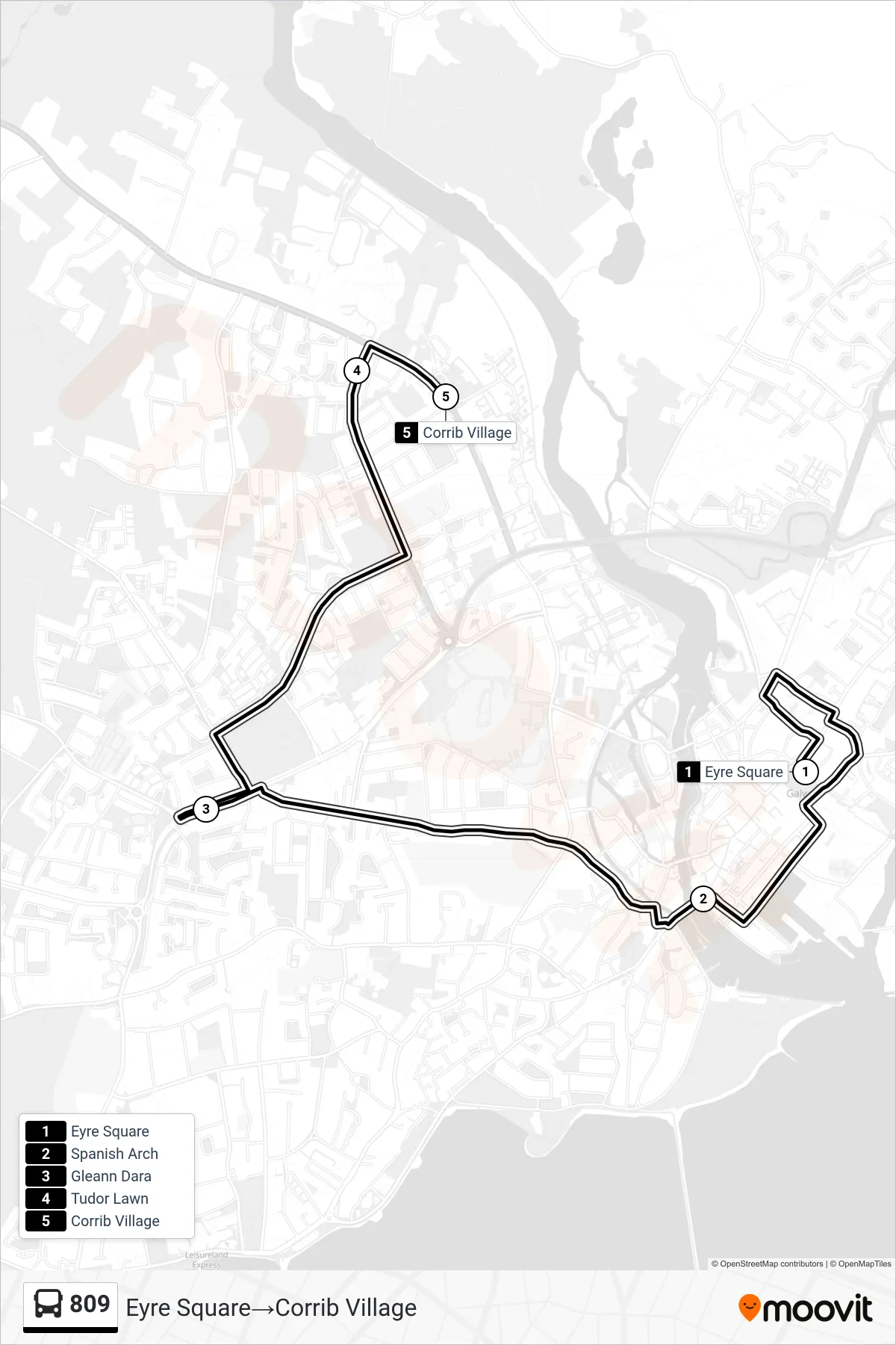 809 bus Line (Eyre Square→Corrib Village) route and stops on a map