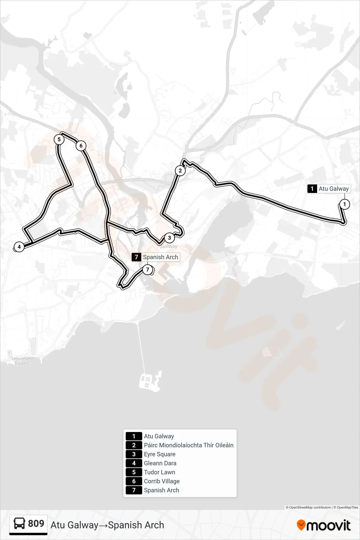 809 bus Line (Atu Galway→Spanish Arch) route and stops on a map