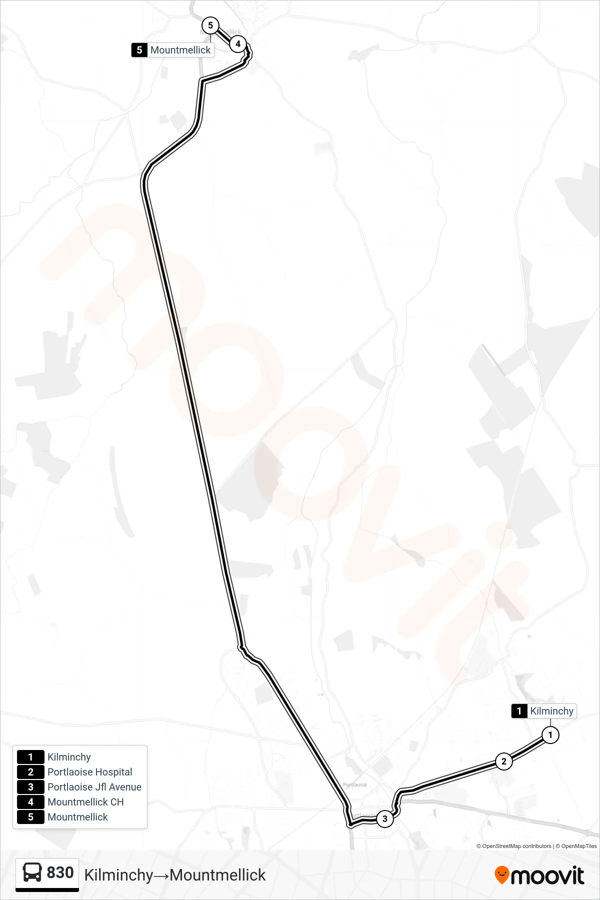 830 bus Line (Kilminchy‎→Mountmellick) route and stops on a map