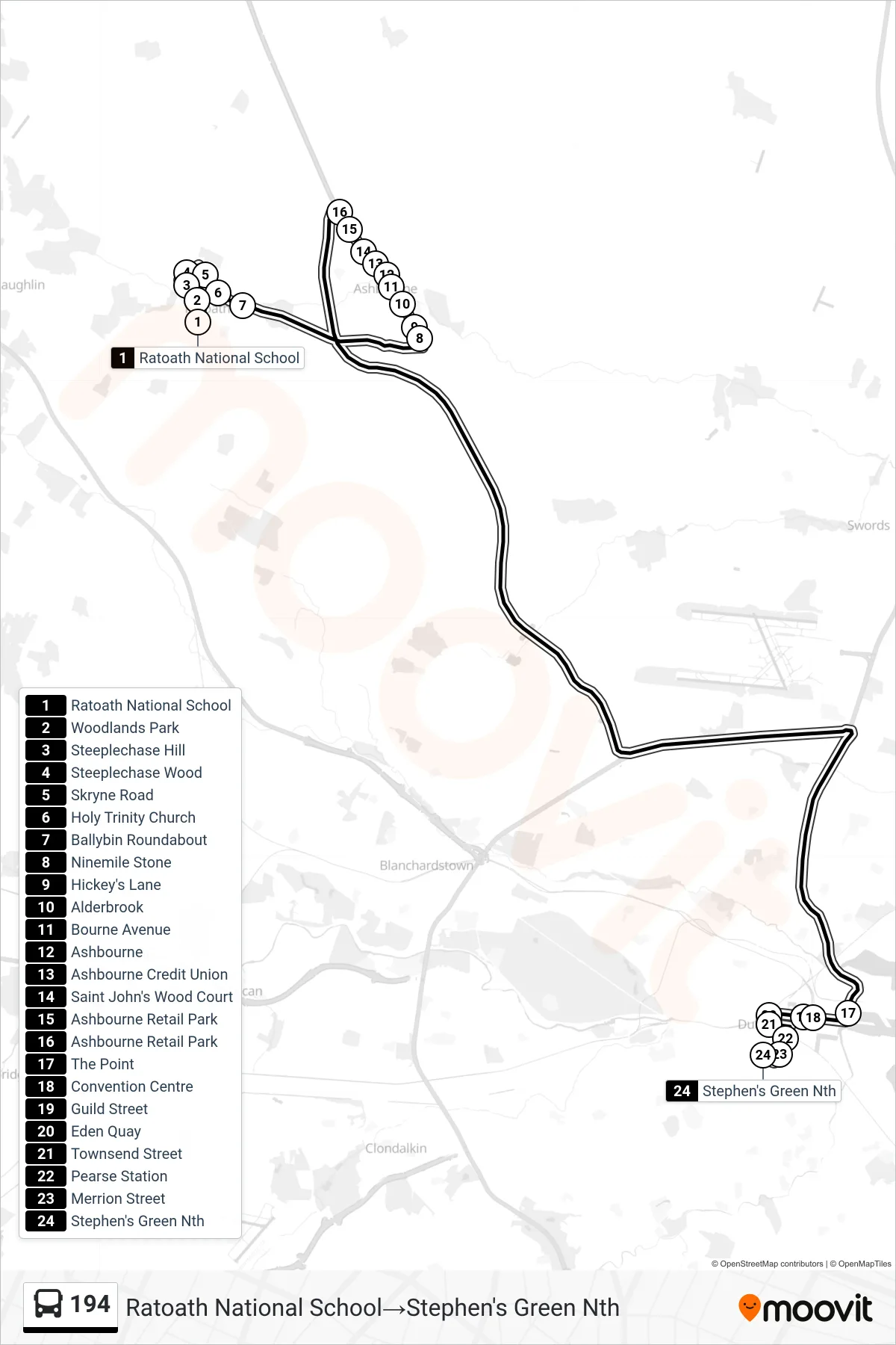194 bus Line (Ratoath National School‎→Stephen's Green Nth) route and stops on a map