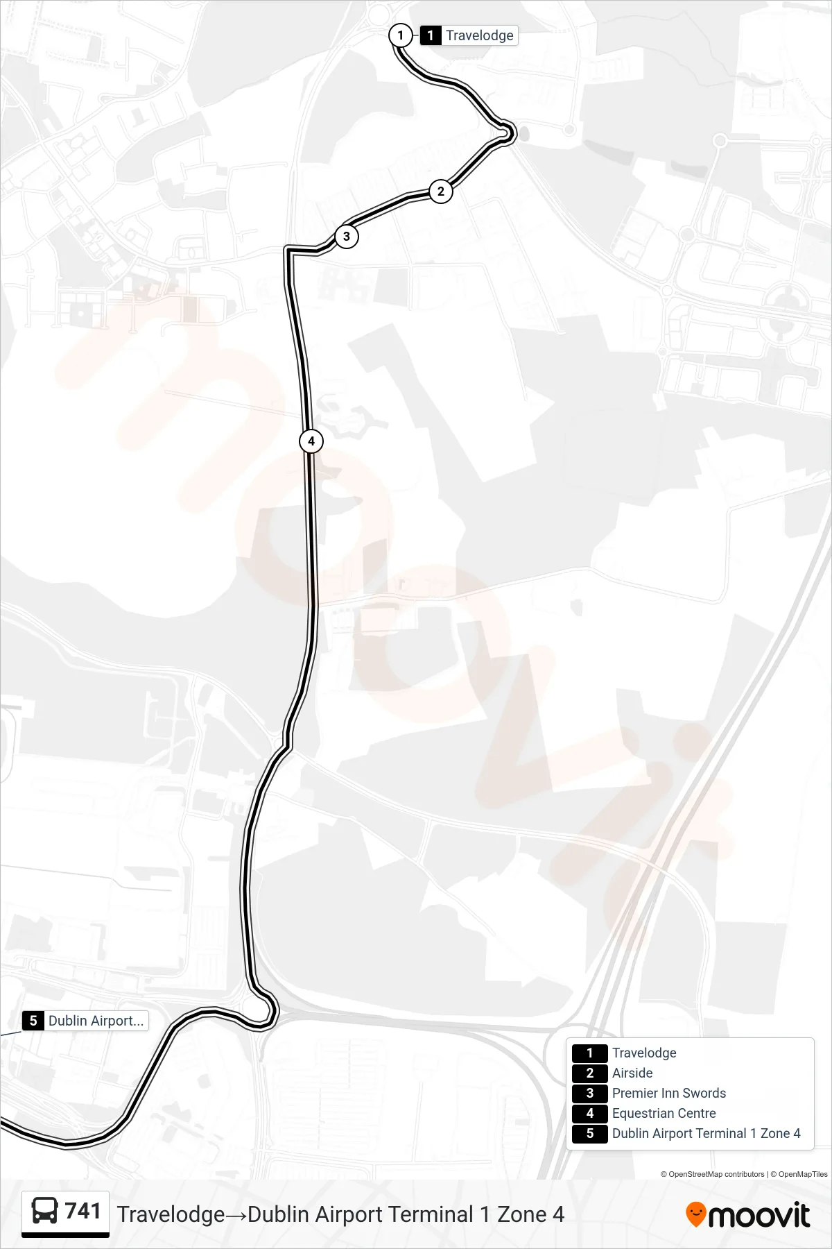 741 bus Line (Travelodge‎→Dublin Airport Terminal 1 Zone 4) route and stops on a map