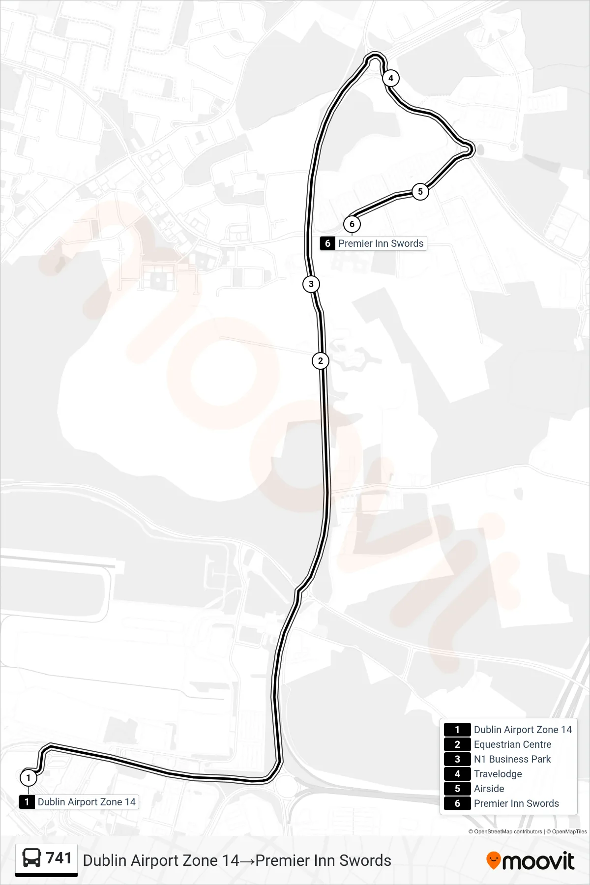 741 bus Line (Dublin Airport Zone 14‎→Premier Inn Swords) route and stops on a map