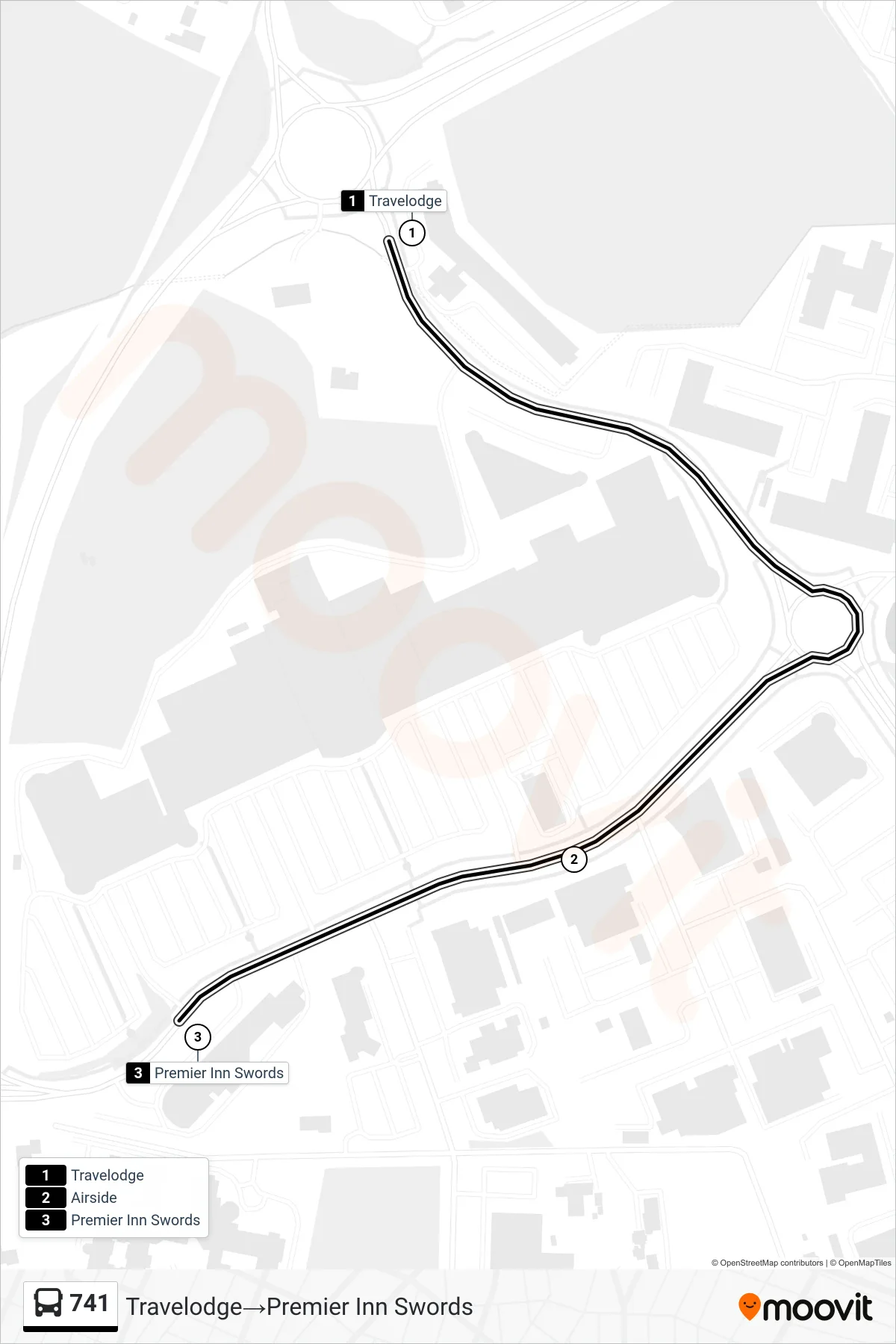 741 bus Line (Travelodge→Premier Inn Swords) route and stops on a map