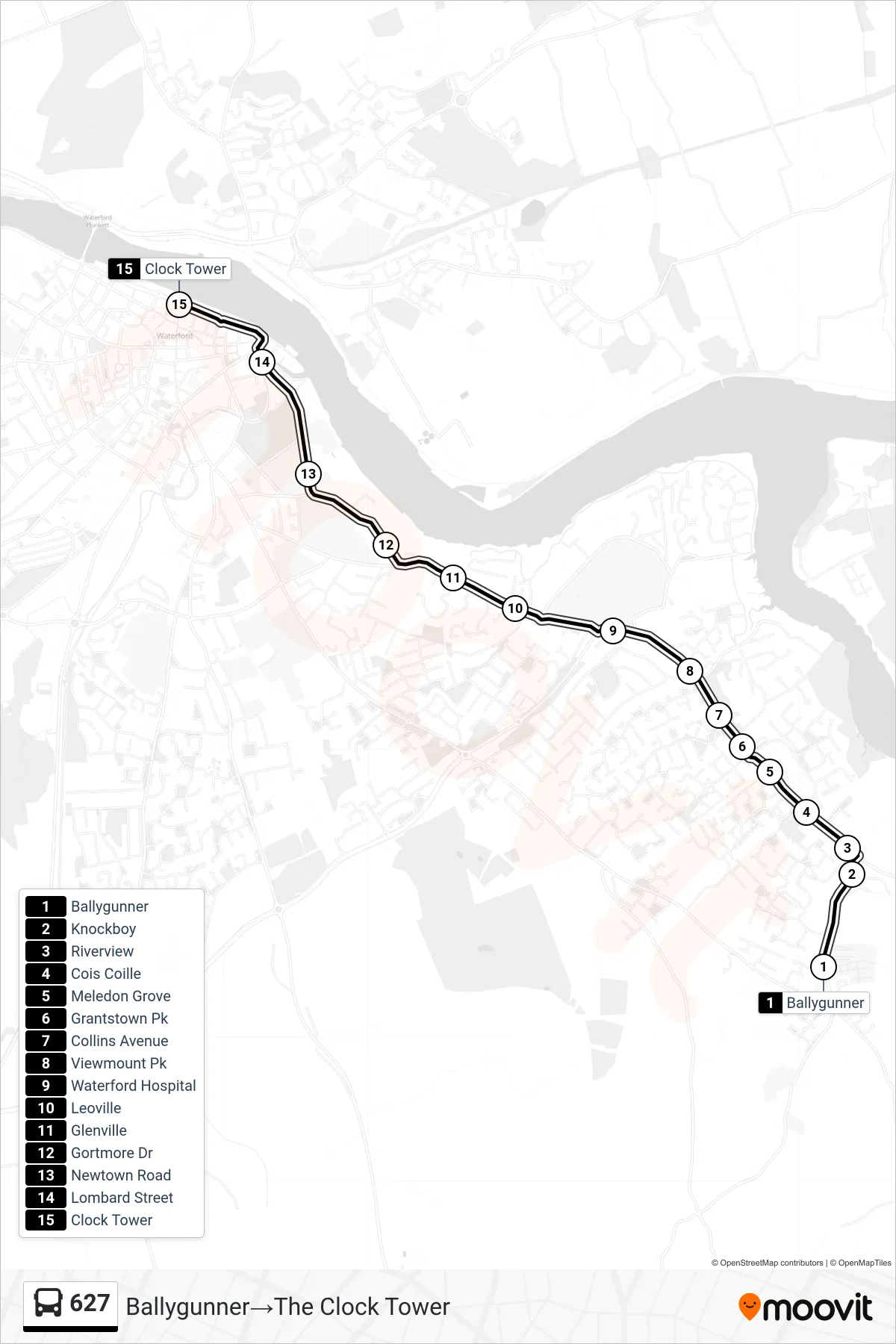 627 bus Line (Ballygunner‎→The Clock Tower) route and stops on a map