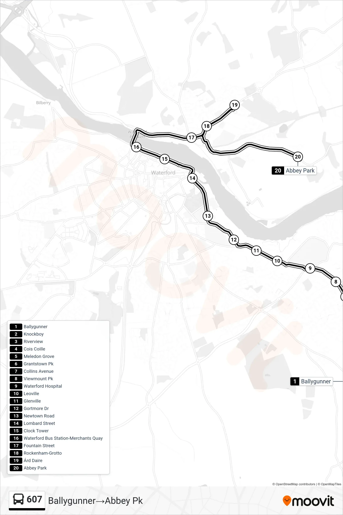 607 bus Line (Ballygunner→Abbey Pk) route and stops on a map