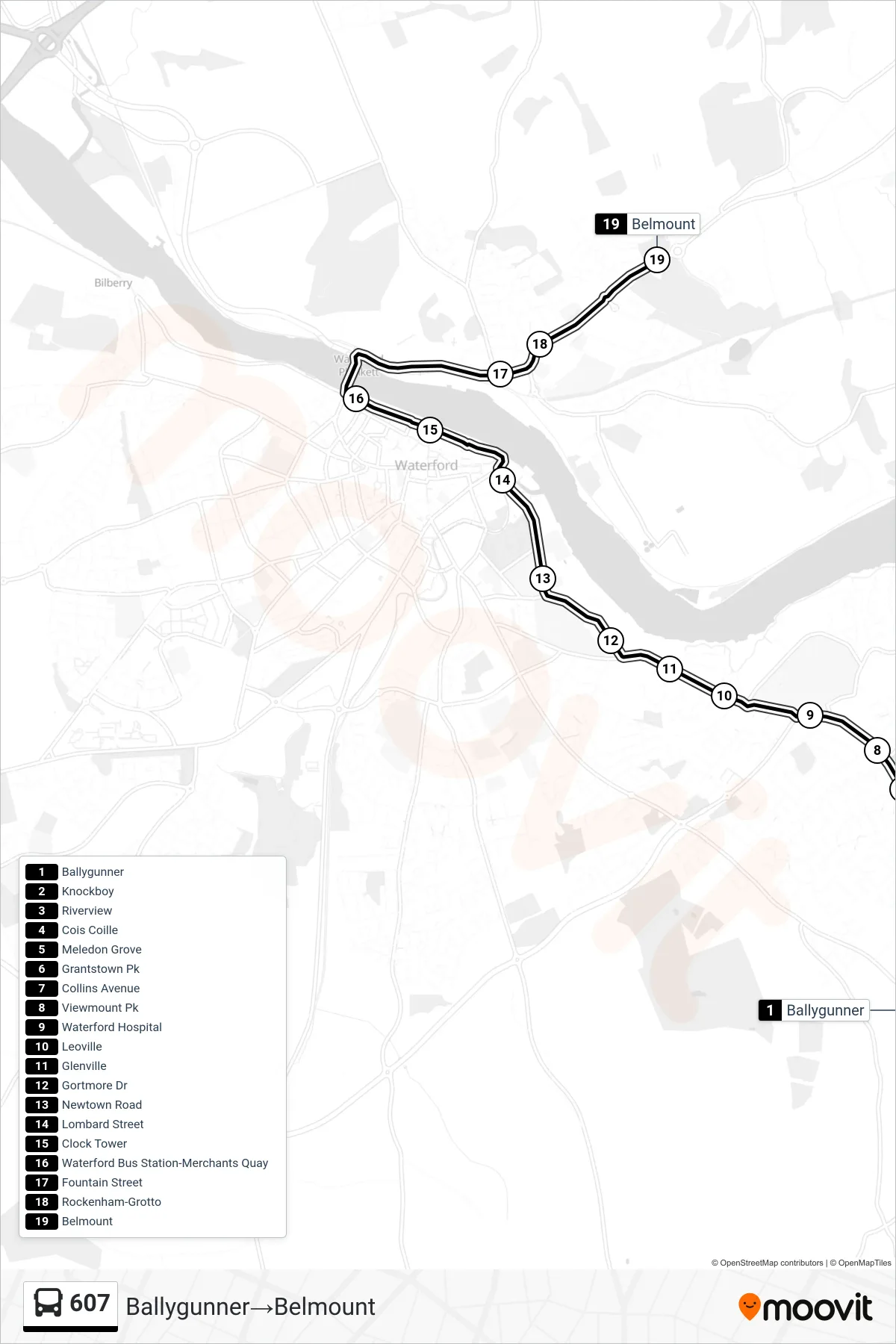 607 bus Line (Ballygunner→Belmount) route and stops on a map