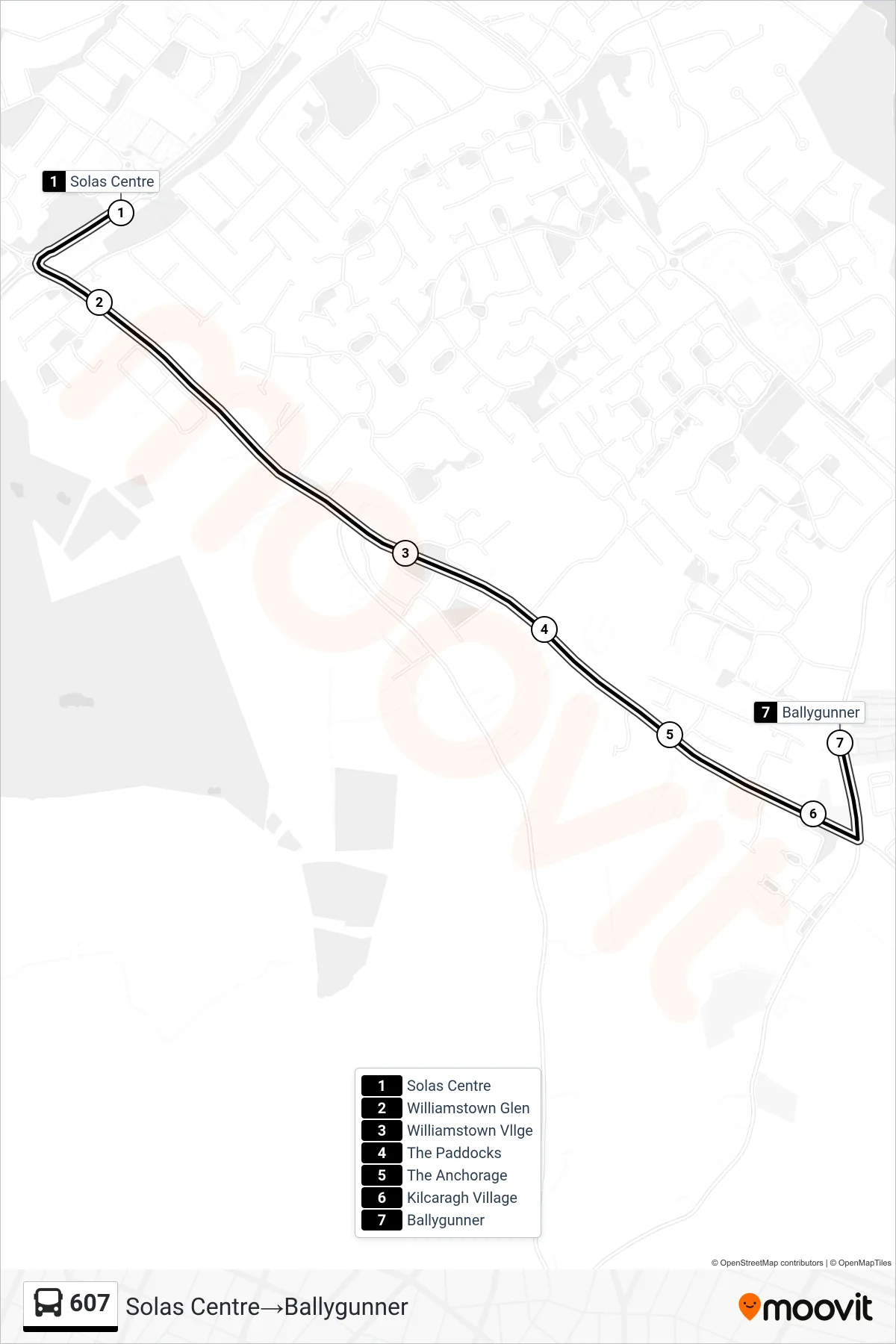 607 bus Line (Solas Centre→Ballygunner) route and stops on a map