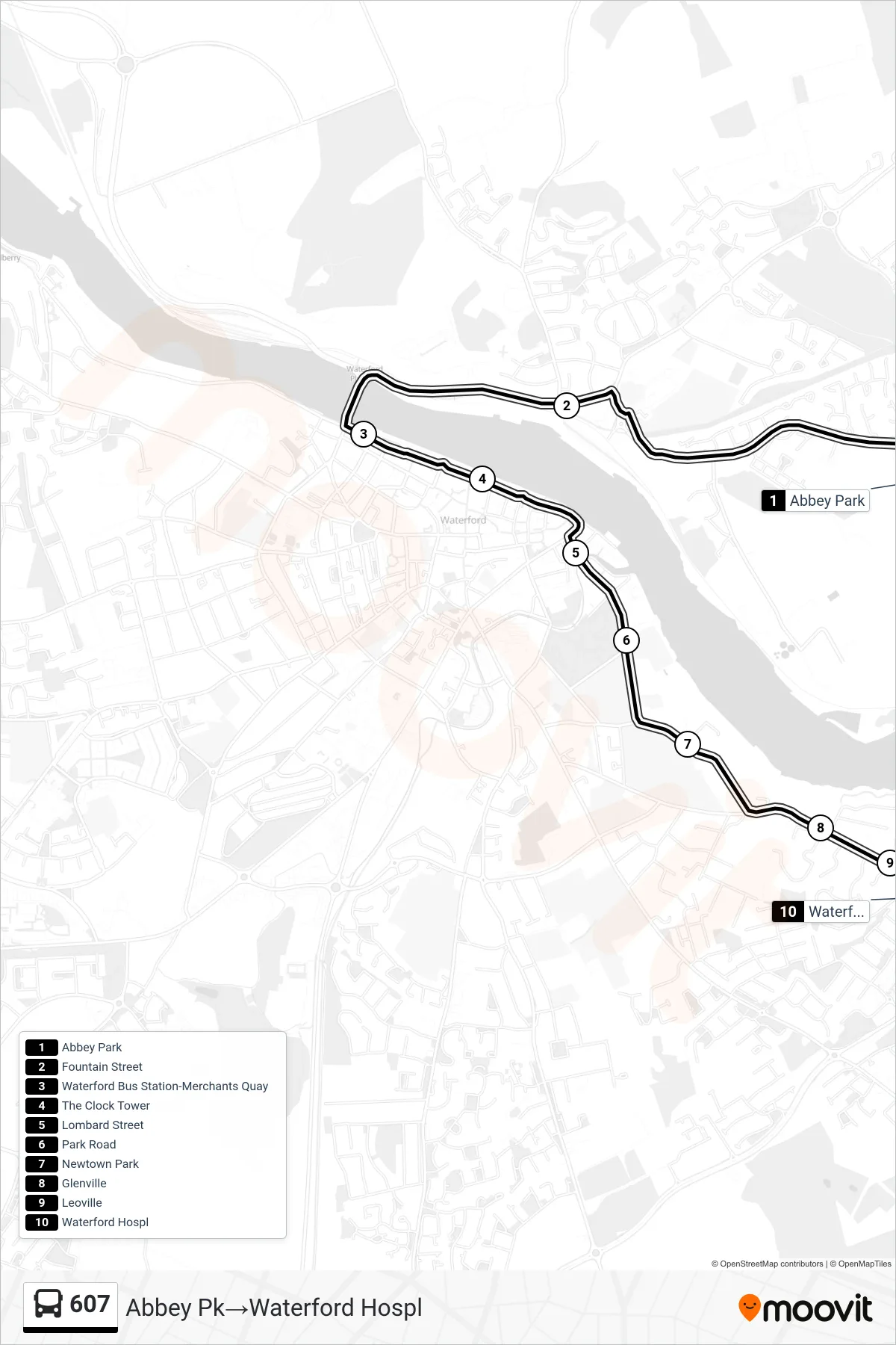 607 bus Line (Abbey Pk→Waterford Hospl) route and stops on a map