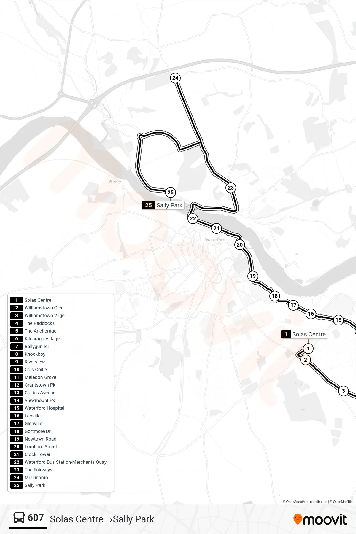 607 bus Line (Solas Centre→Sally Park) route and stops on a map