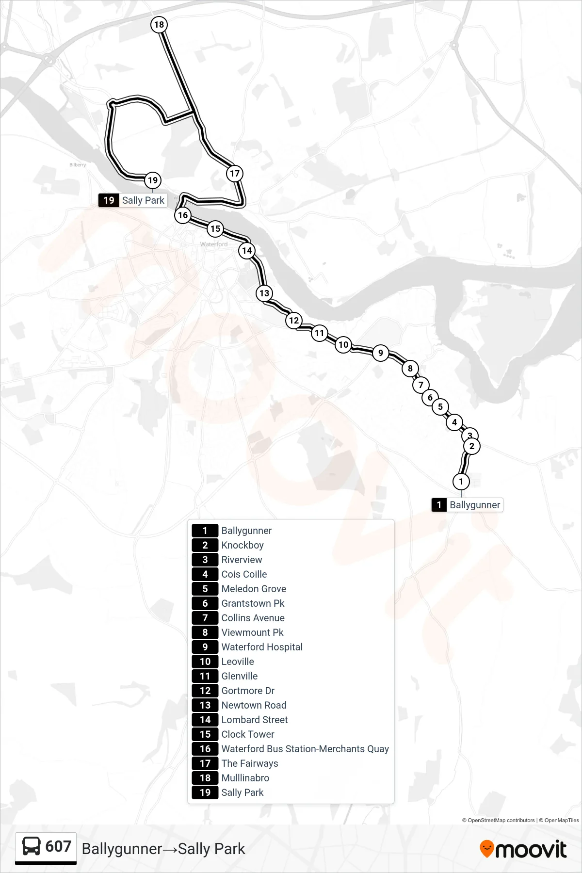 607 bus Line (Ballygunner‎→Sally Park) route and stops on a map