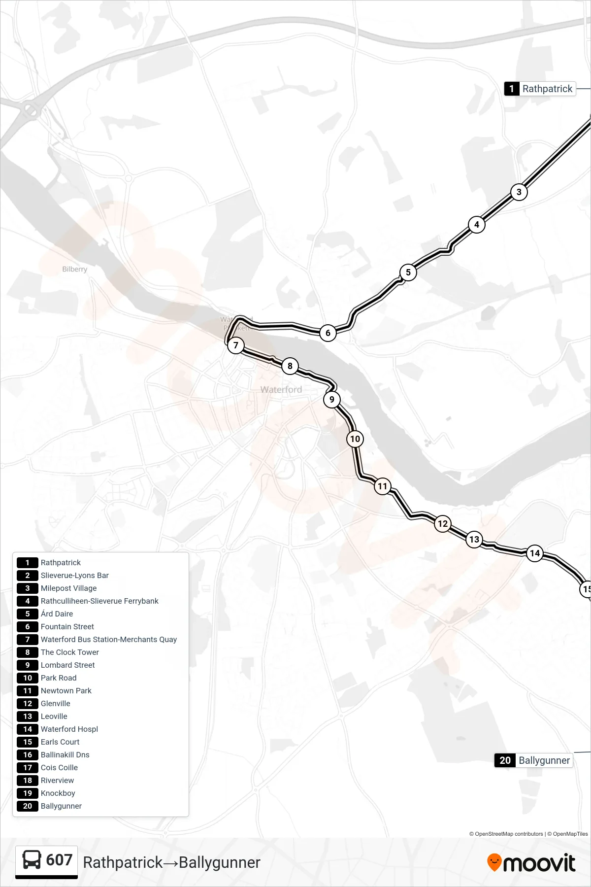 607 bus Line (Rathpatrick→Ballygunner) route and stops on a map