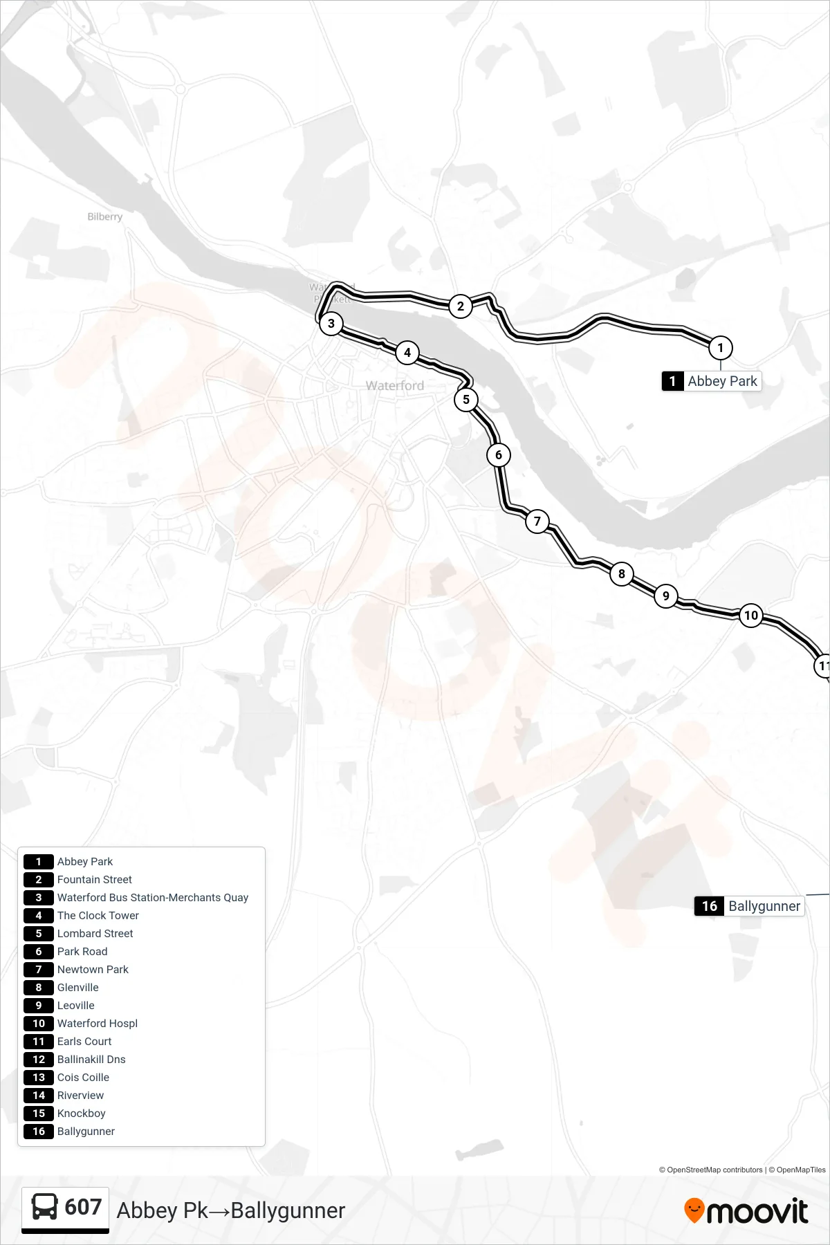 607 bus Line (Abbey Pk→Ballygunner) route and stops on a map