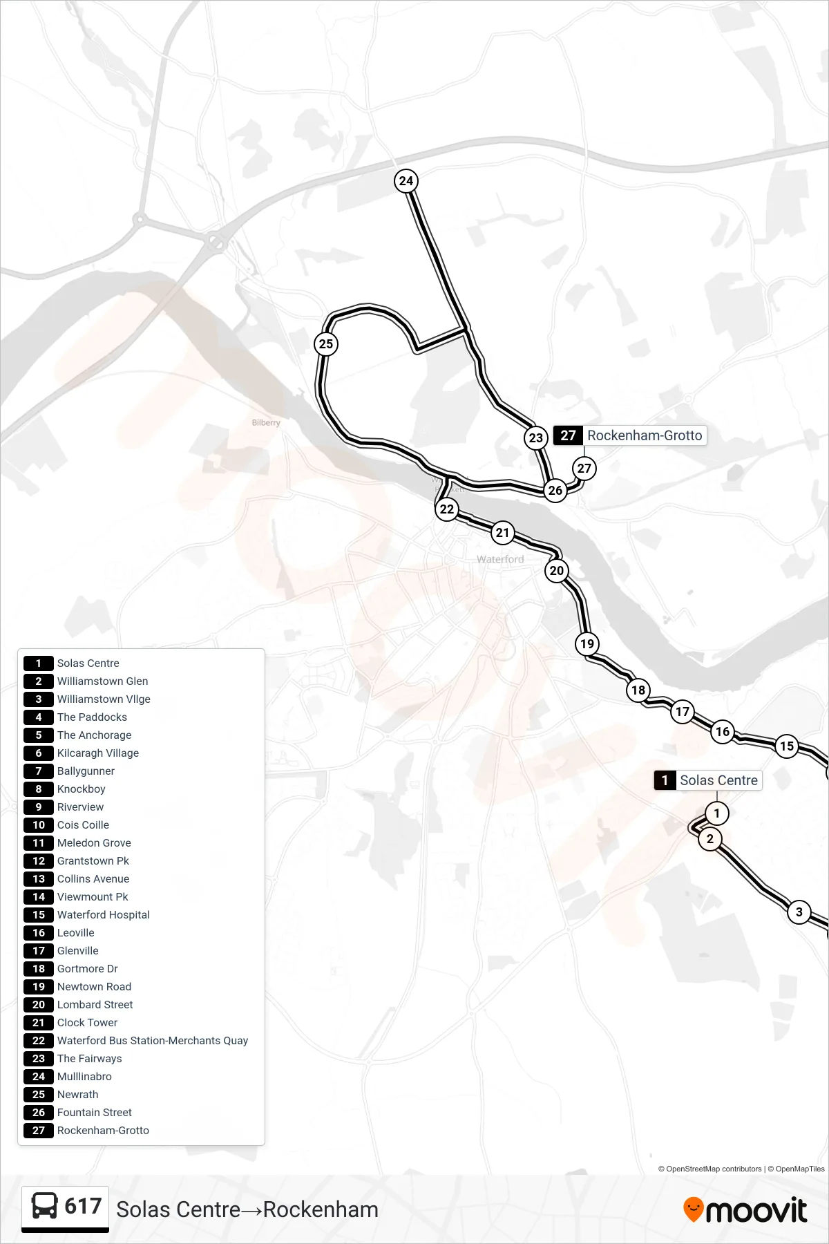 617 bus Line (Solas Centre→Rockenham) route and stops on a map
