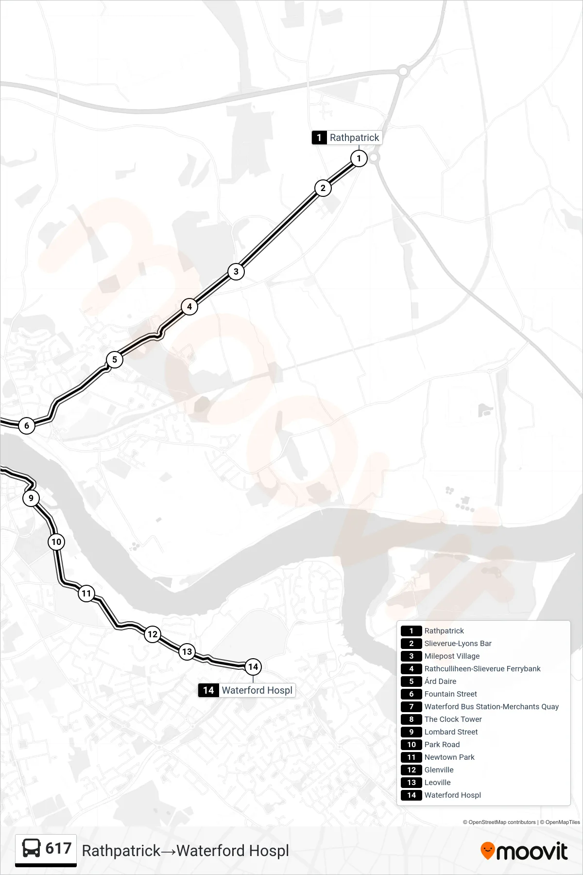 617 bus Line (Rathpatrick→Waterford Hospl) route and stops on a map