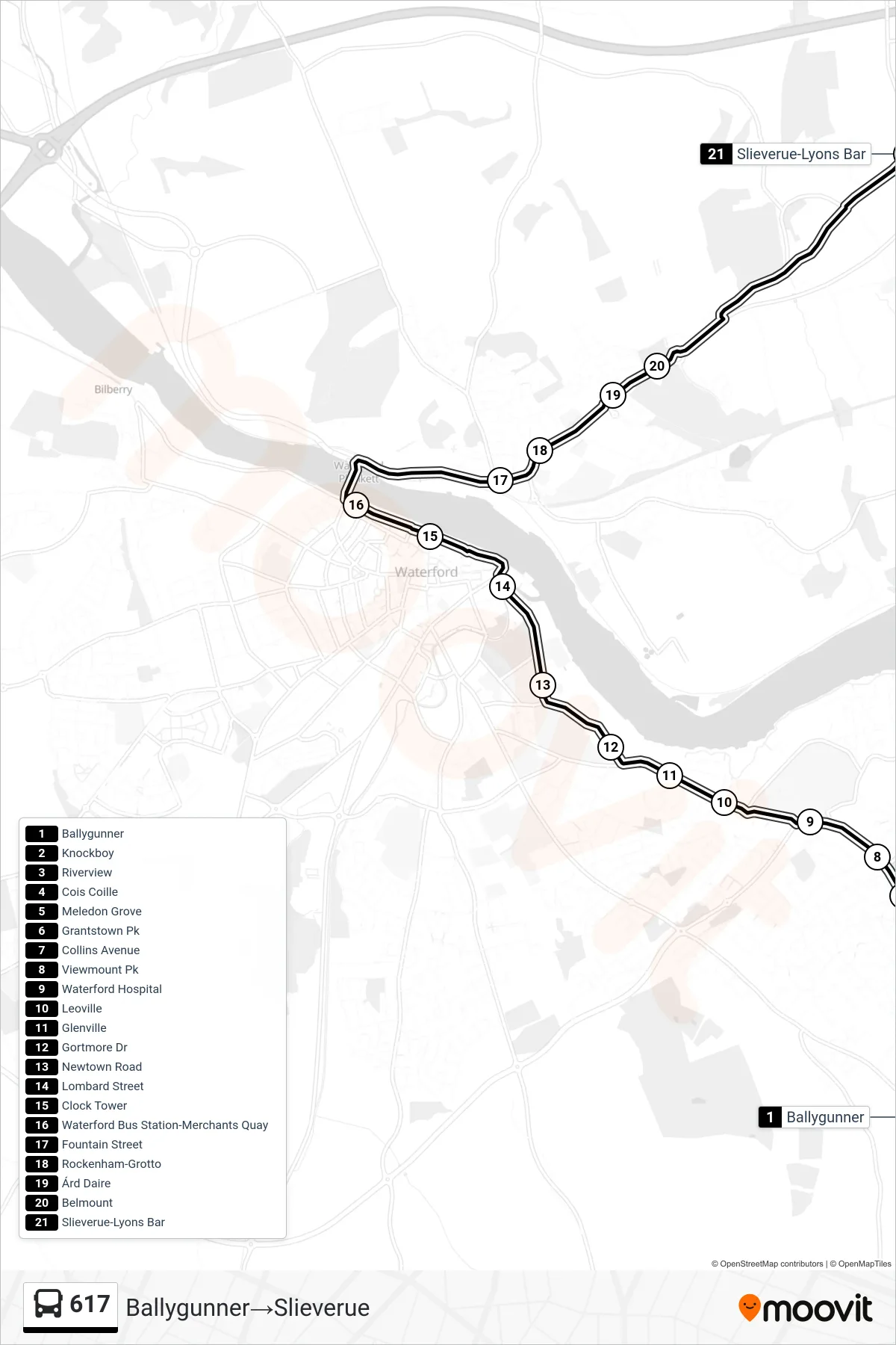 617 bus Line (Ballygunner→Slieverue) route and stops on a map