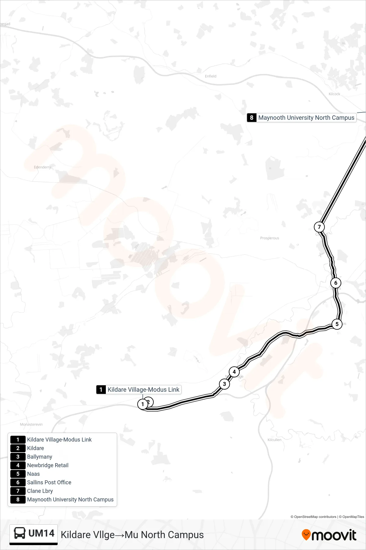 UM14 bus Line (Kildare Vllge→Mu North Campus) route and stops on a map