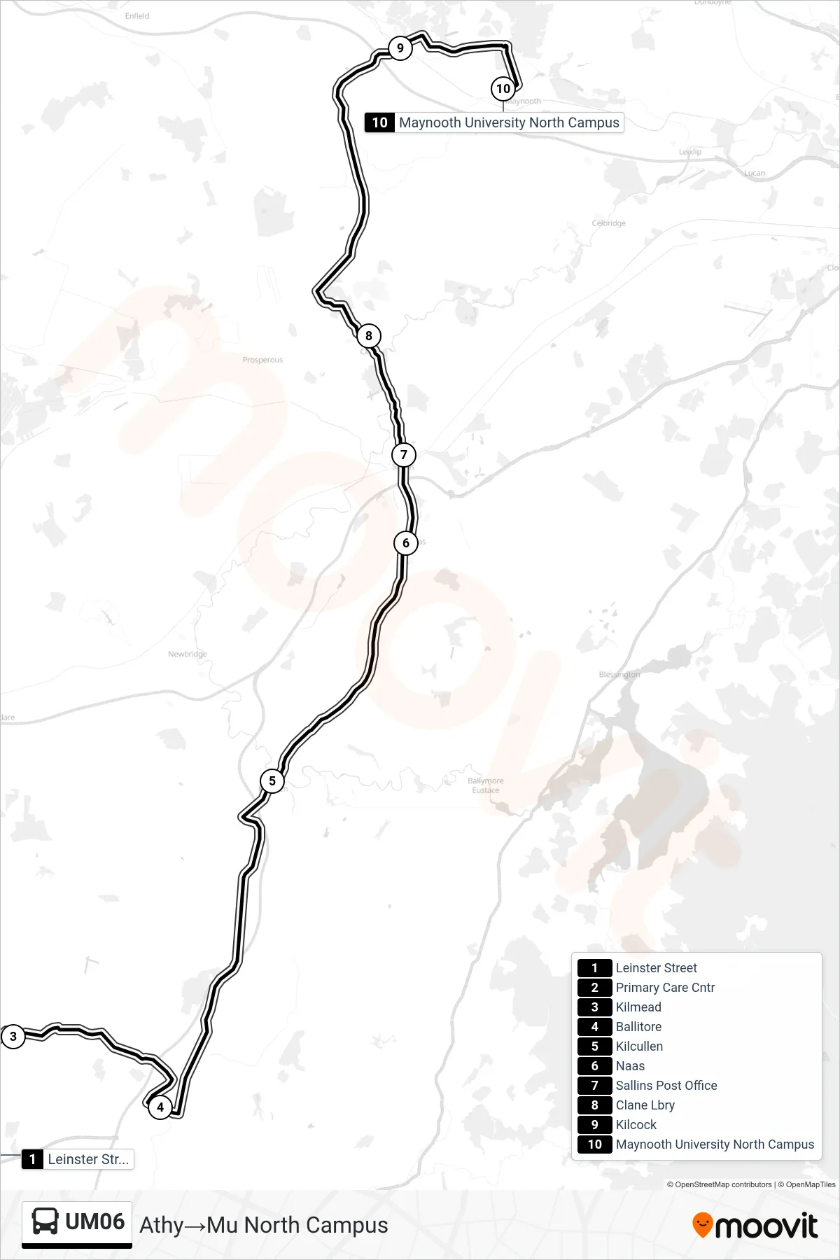 UM06 bus Line (Athy→Mu North Campus) route and stops on a map