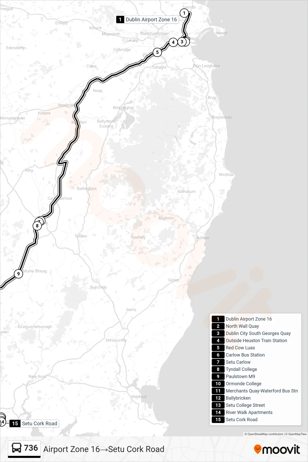736 bus Line (Airport Zone 16→Setu Cork Road) route and stops on a map