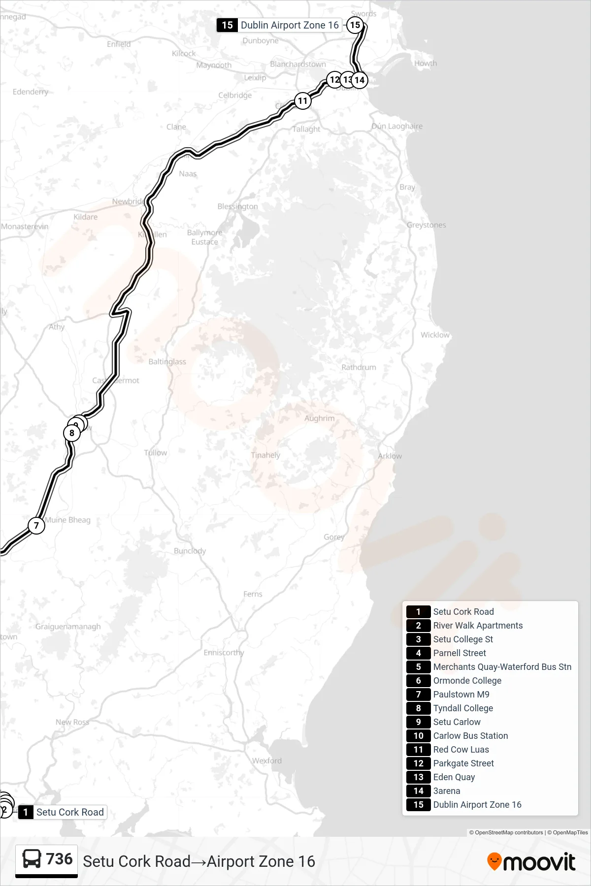 736 bus Line (Setu Cork Road→Airport Zone 16) route and stops on a map