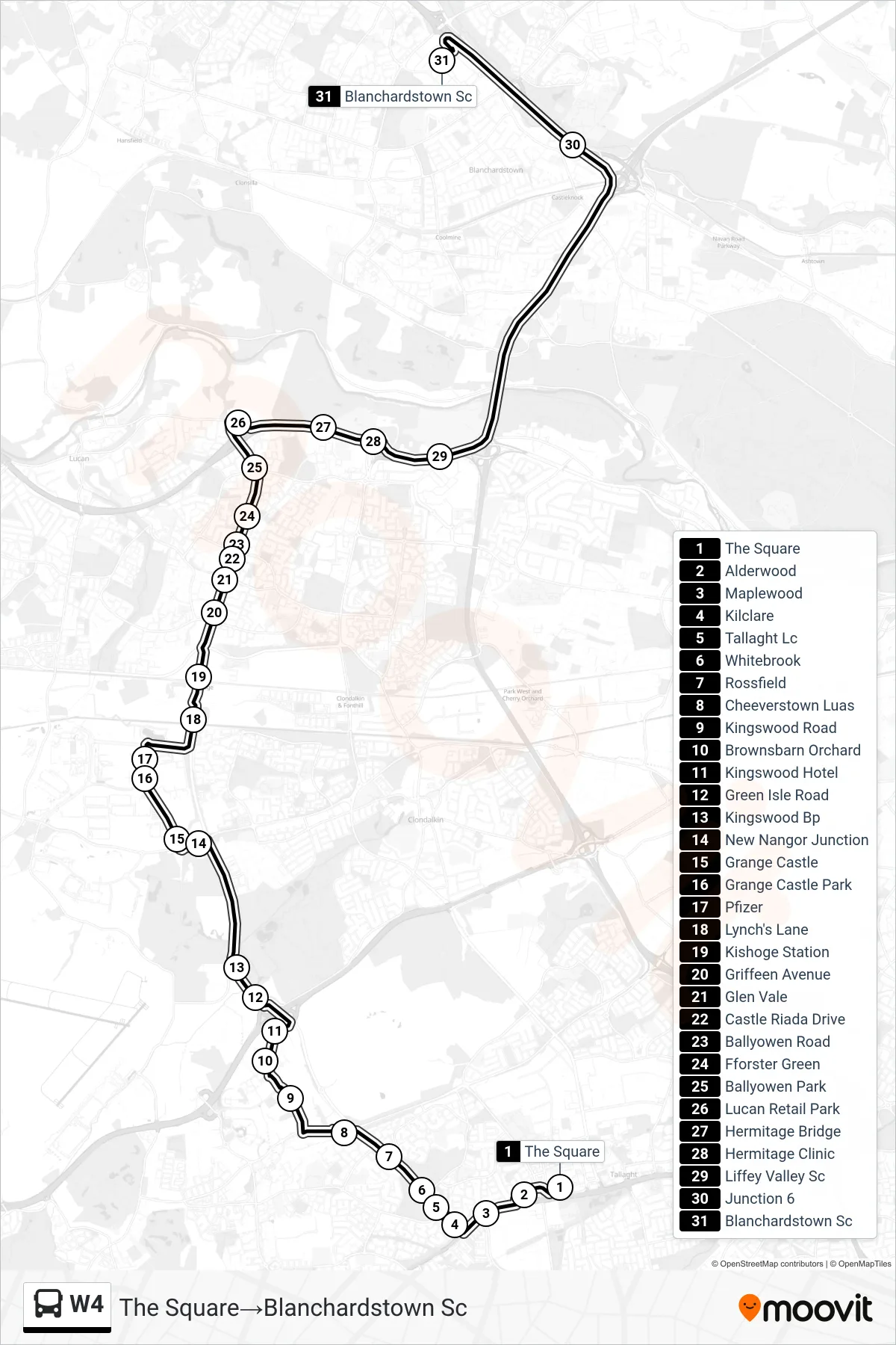 W4 bus Line (The Square→Blanchardstown Sc) route and stops on a map