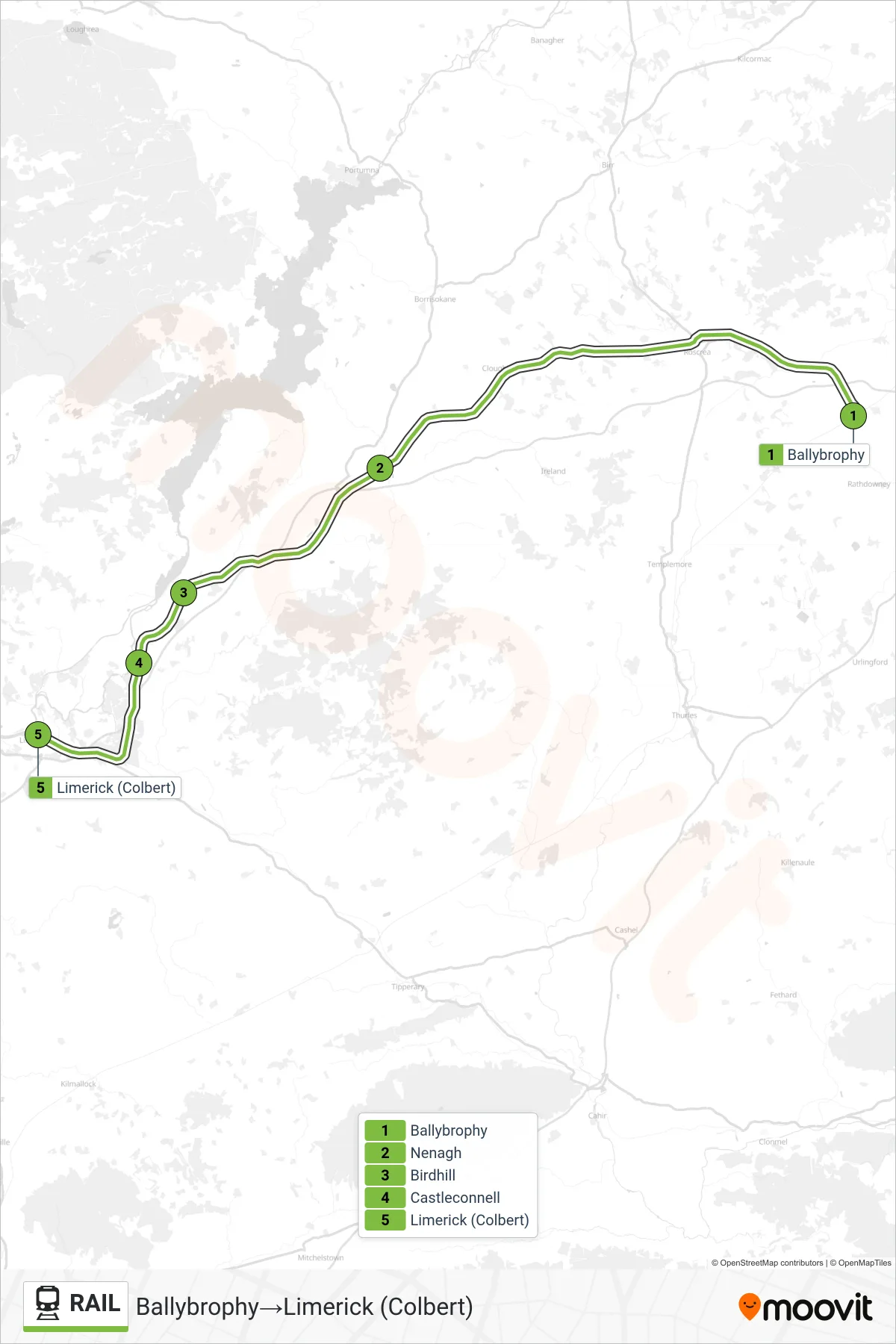 RAIL train Line (Ballybrophy→Limerick (Colbert)) route and stops on a map