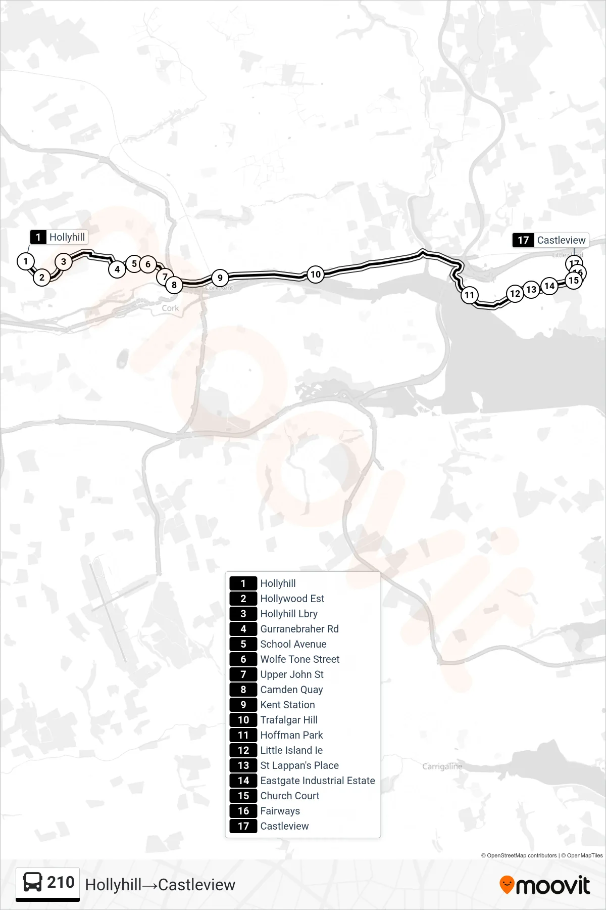 210 bus Line (Hollyhill‎→Castleview) route and stops on a map