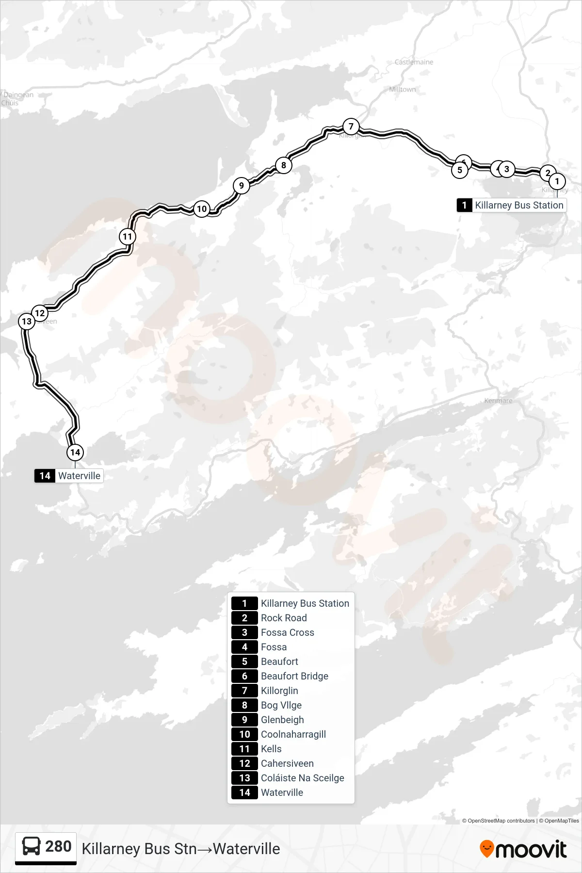 280 bus Line (Killarney Bus Stn‎→Waterville) route and stops on a map