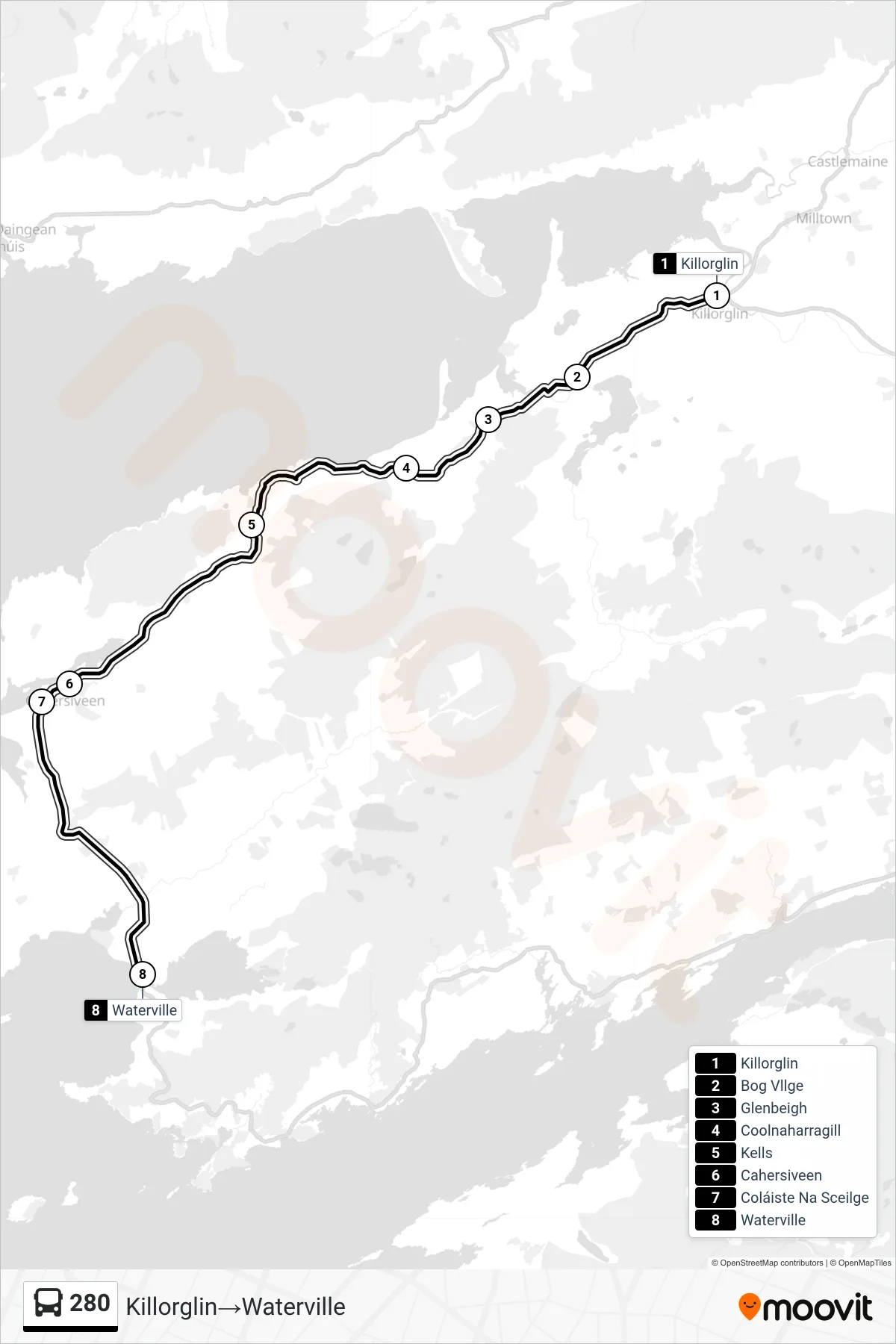 280 bus Line (Killorglin‎→Waterville) route and stops on a map