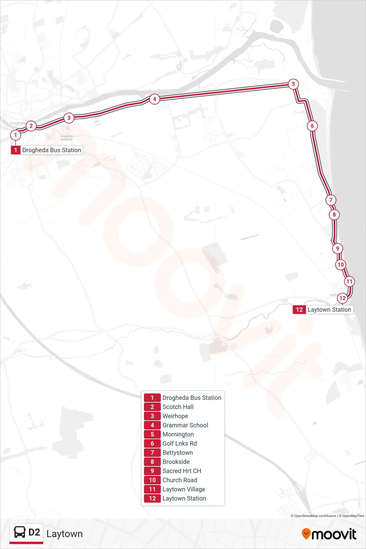 D2 bus Line (Laytown) route and stops on a map