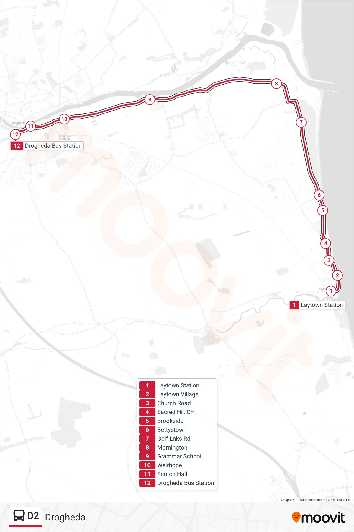 D2 bus Line (Drogheda) route and stops on a map