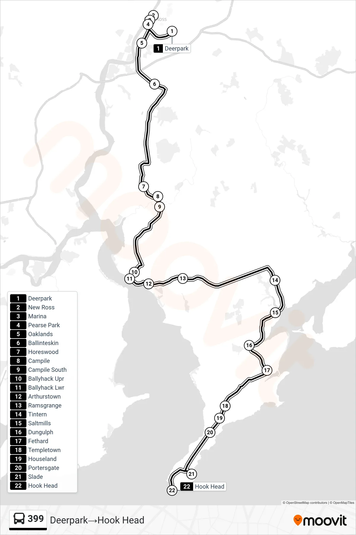 399 bus Line (Deerpark‎→Hook Head) route and stops on a map