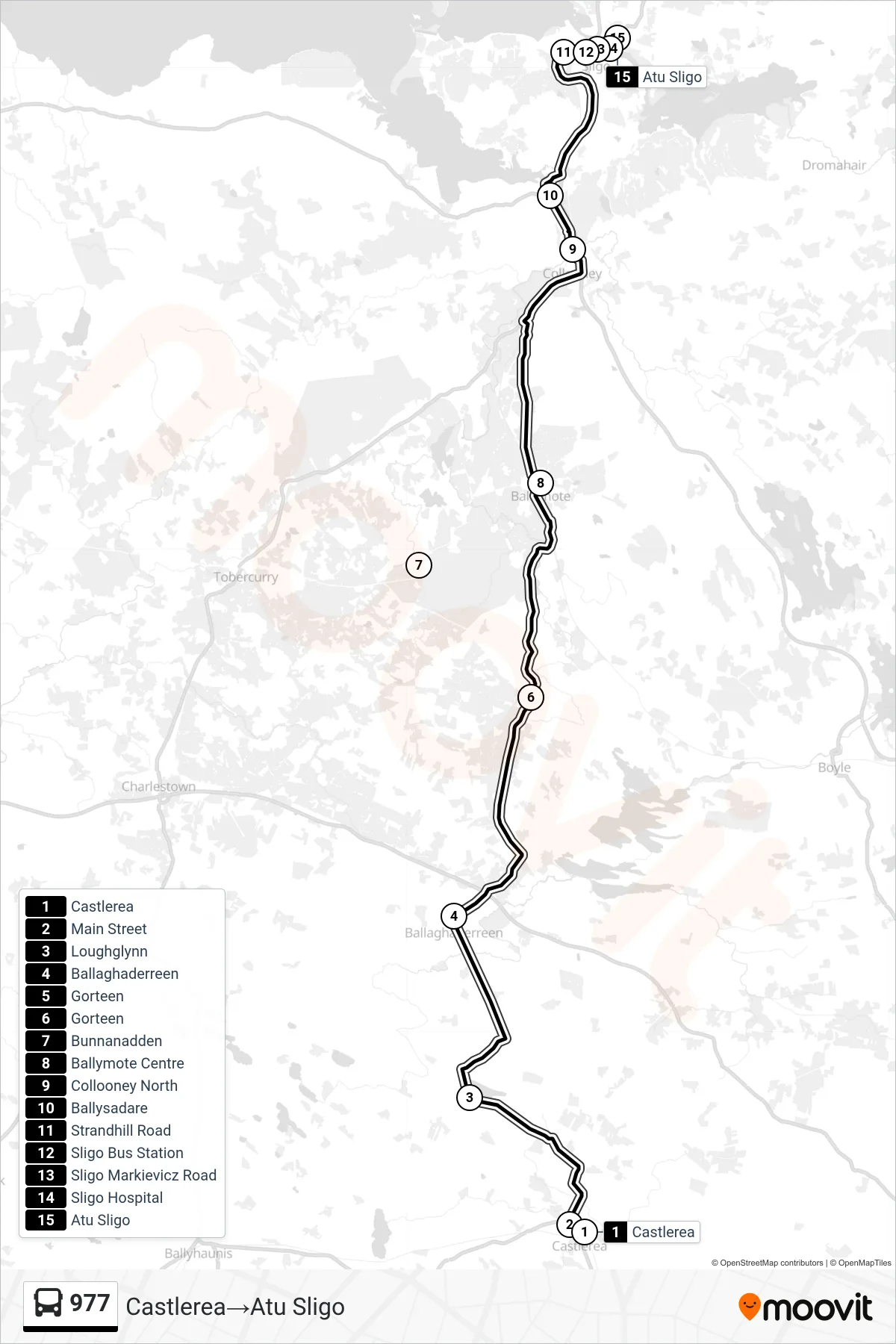 977 bus Line (Castlerea→Atu Sligo) route and stops on a map