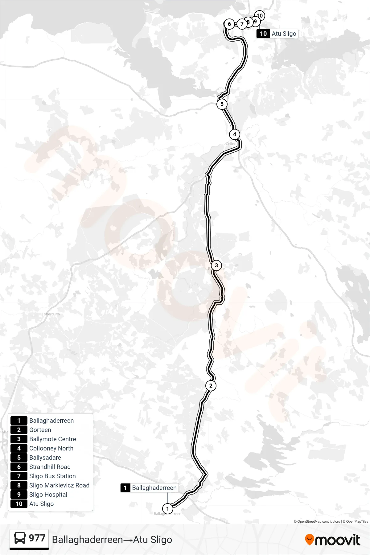 977 bus Line (Ballaghaderreen→Atu Sligo) route and stops on a map