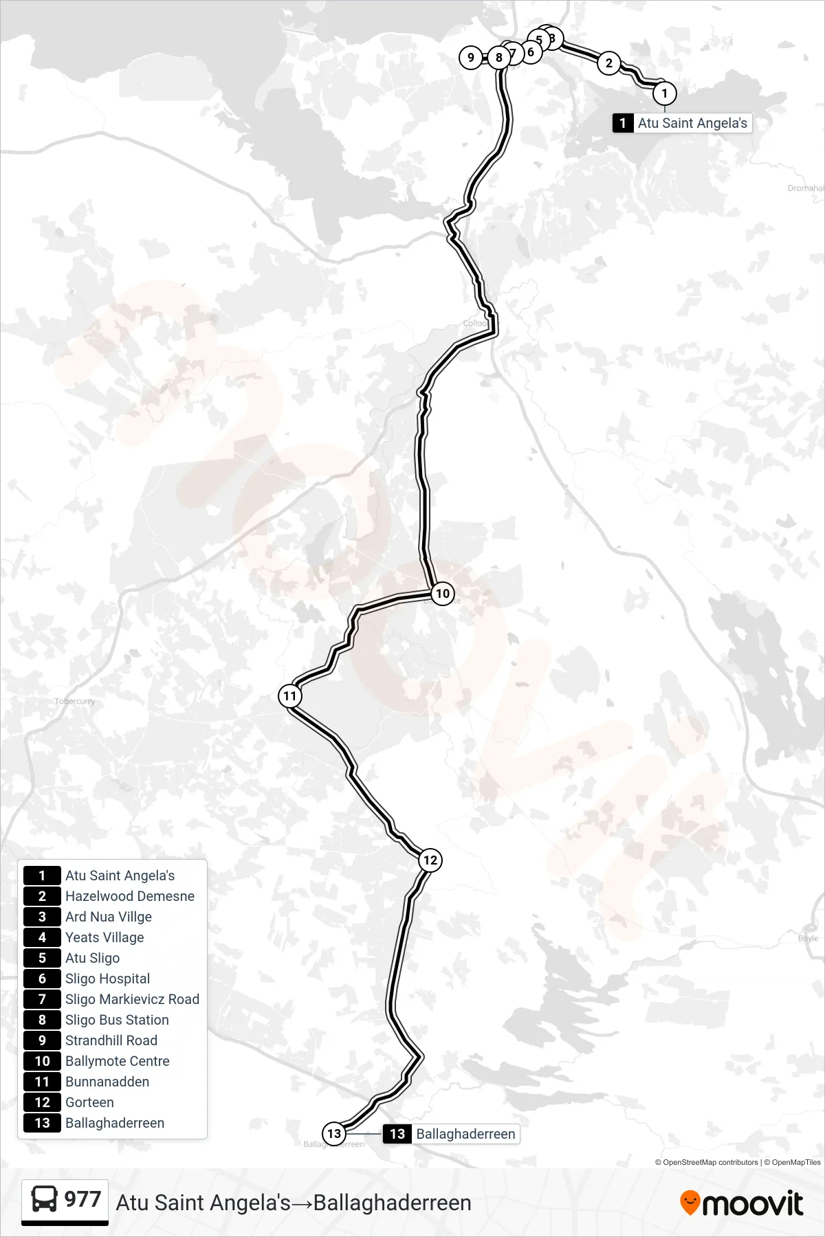 977 bus Line (Atu Saint Angela's→Ballaghaderreen) route and stops on a map