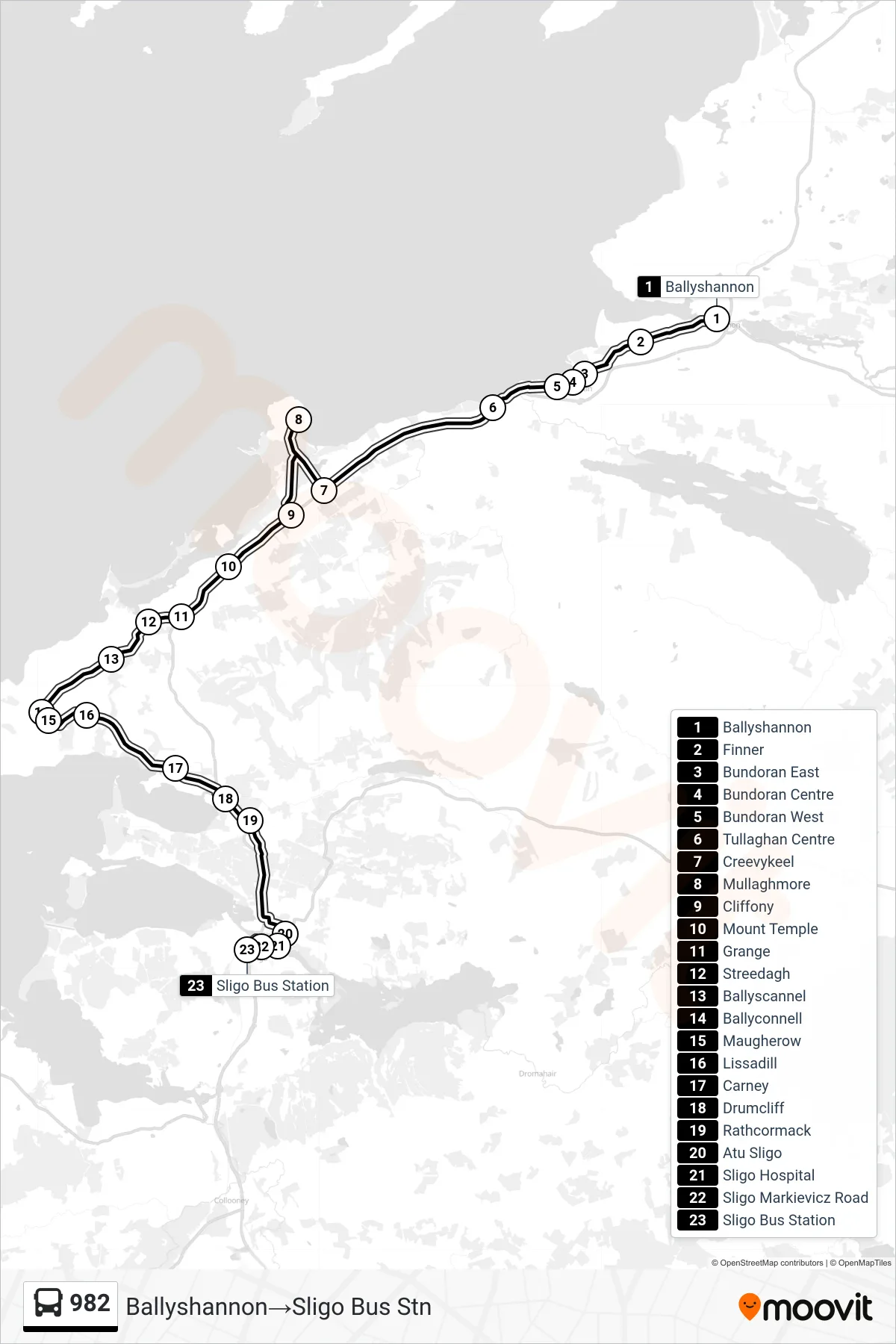 982 bus Line (Ballyshannon→Sligo Bus Stn) route and stops on a map